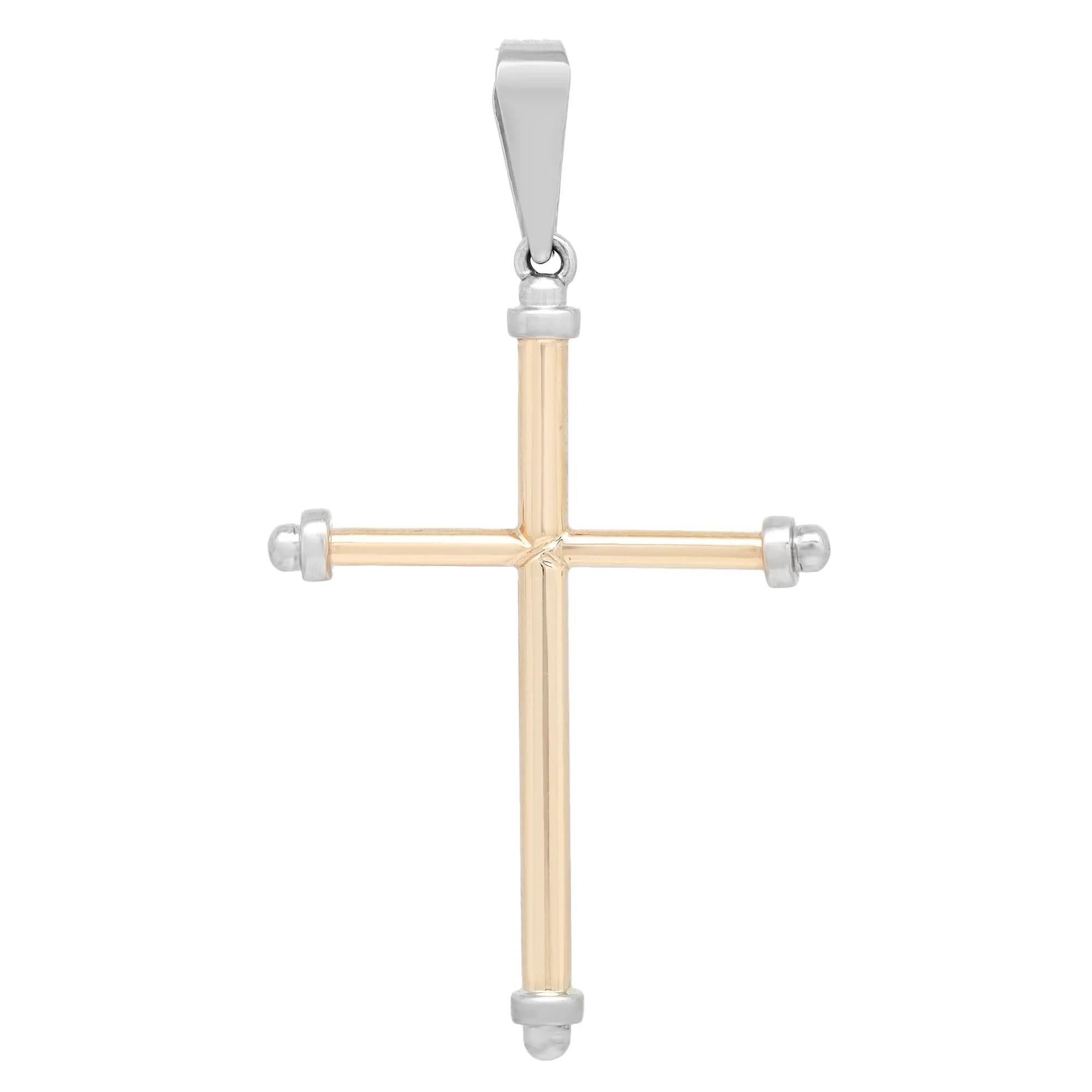 Rachel Koen Two Tone Rounded Tube Cross Pendant 14k Yellow and White Gold In Excellent Condition For Sale In New York, NY