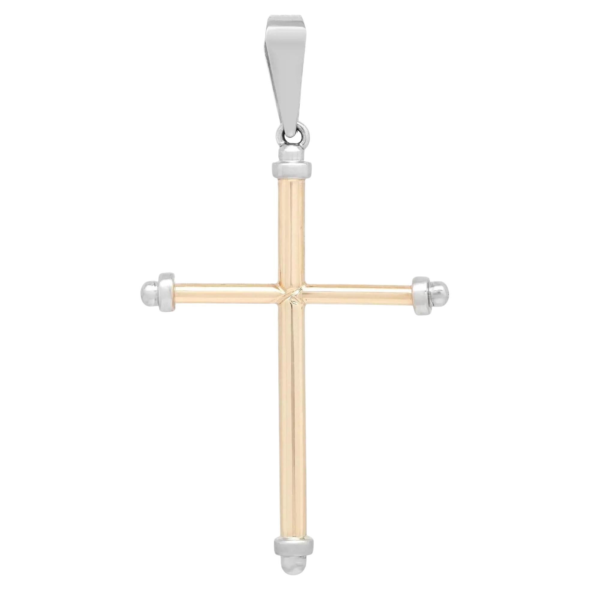 Rachel Koen Two Tone Rounded Tube Cross Pendant 14k Yellow and White Gold For Sale