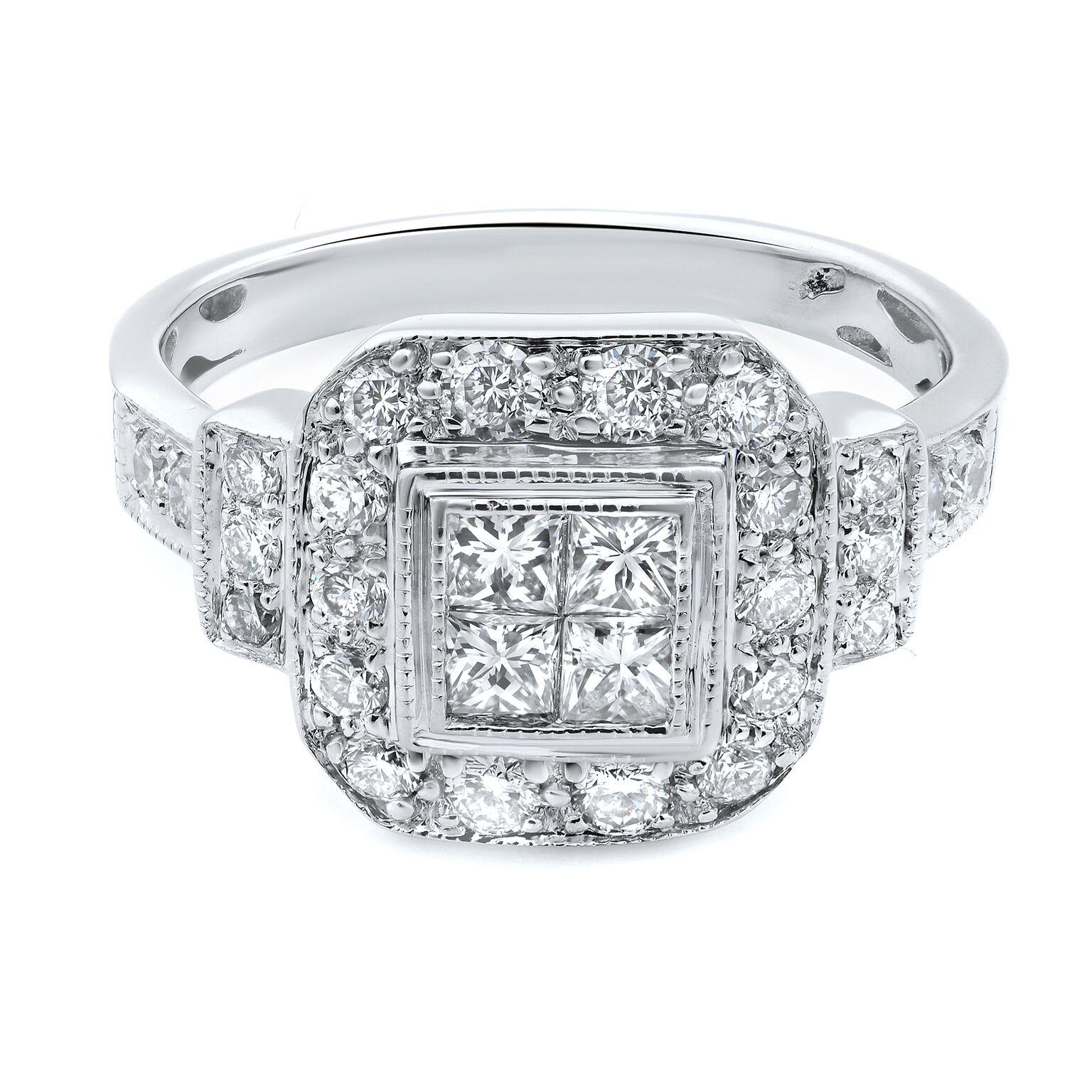 This elegant diamond engagement ring features 14k white gold with approximately 1.00 carat of diamonds in total. Center is carat princess shape with 4 little princess cuts. Halo and shank is set with 24 round cut stones. Diamonds are in excellent