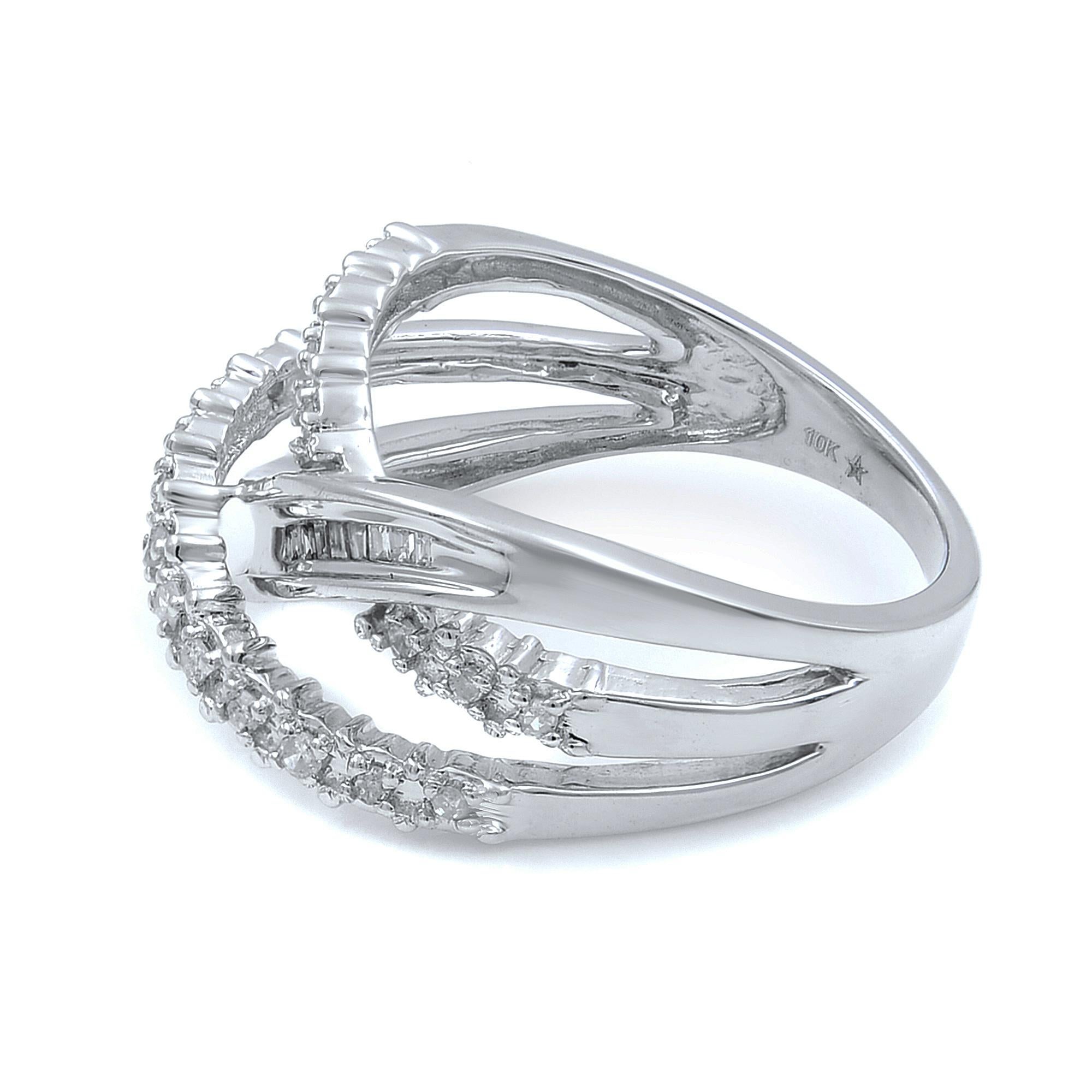 An absolutely beautiful diamond crossover multi-row wedding ring band, crafted in 10k white gold. This ring is set with round and baguette diamonds. The width of the ring is 10.7mm and the total diamond carat weight is 0.60cts. The ring weighs 4.80