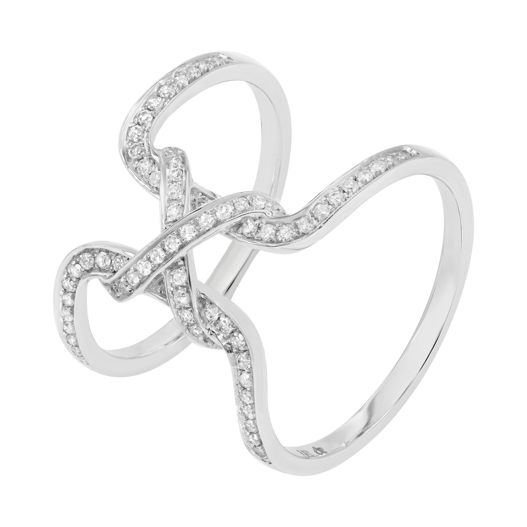 This wide diamond fancy statement ring is crafted in 18k white gold and encrusted with round cut diamonds. The total diamond carat weight is 0.31 with G-H color and VS-SI clarity. Ring size is 7 and the ring width is 15mm. Comes with a presentable