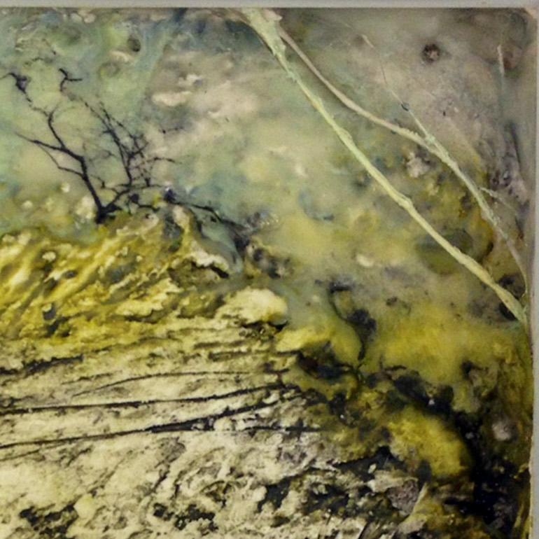 Meditative landscapes of Rachel Kohn are created by layering watercolor with wax and aqua resin, adding texture and dimension to each work. The complex, sculptural quality of her work elicits not only a visual but also a tactile response. In her own