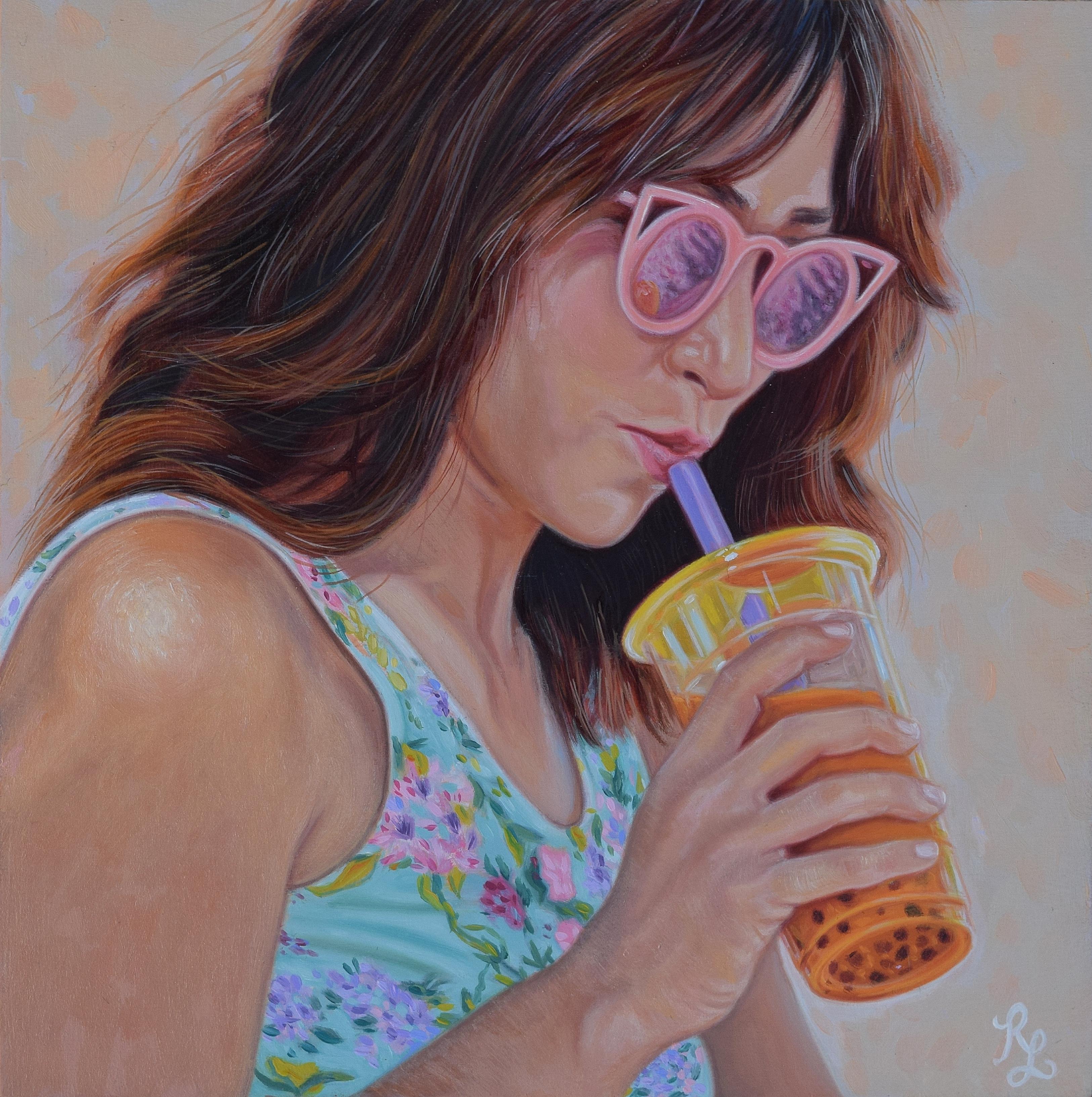 "Sorbo" de Rachel Linnemeier es un óleo original sobre madera que representa a una chica vestida de verano con gafas rosas, sorbiendo una bebida fresca. 

Nacida en 1989 en la Indiana rural, Rachel Linnemeier crea sus pinturas figurativas al óleo.