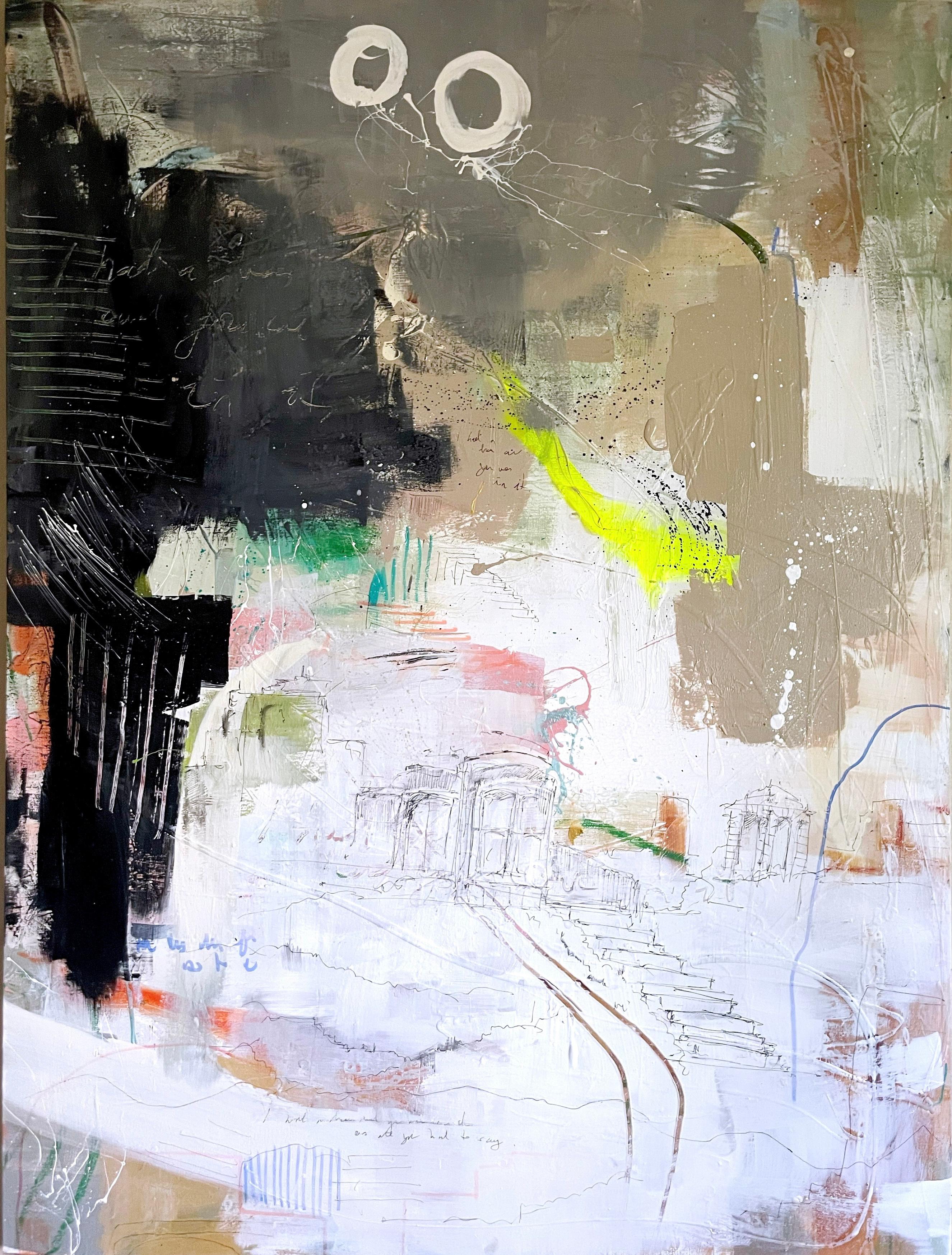 Available at Madelyn Jordon Fine Art. 'Dreams, 2' 2023 by Contemporary American artist, Rachel M. Mac. Acrylic, pencil, ink and oil pastel on stretched canvas, 48 x 36 in.  This painting incorporates mostly a muted palette of colors in white, tan,