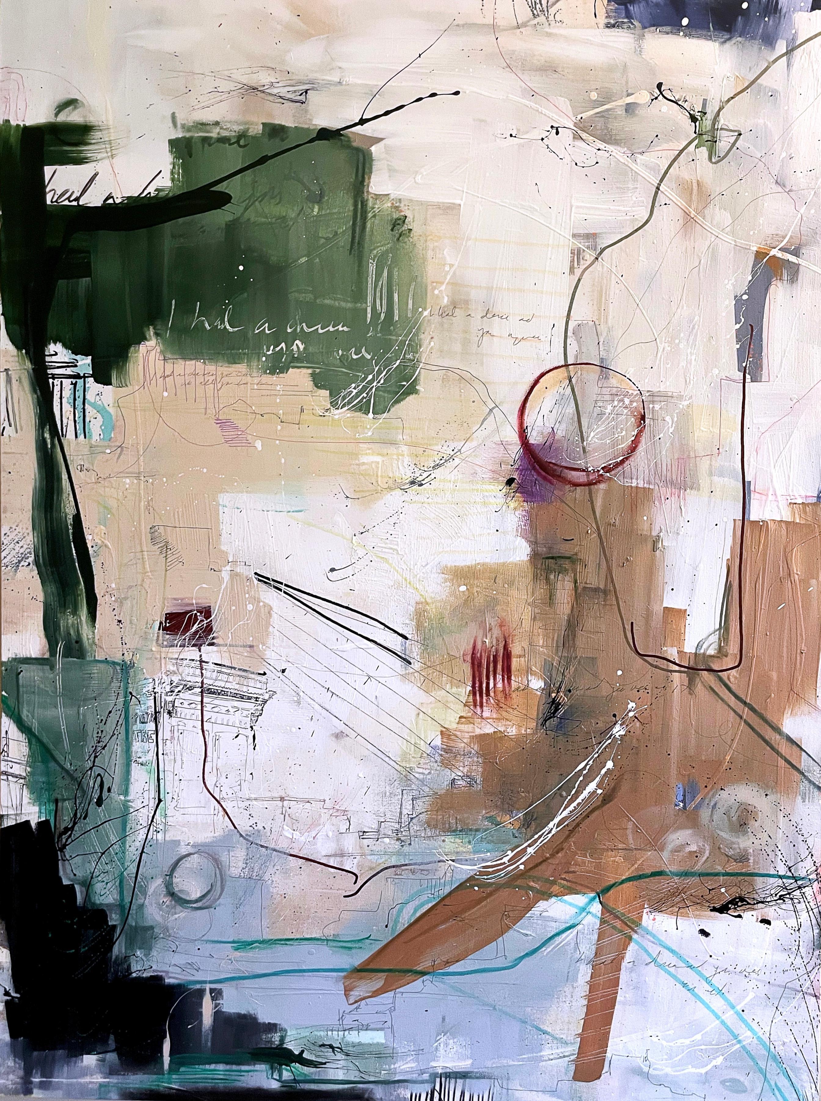 Available at Madelyn Jordon Fine Art. 'Dreams, 3' 2023 by Contemporary American artist, Rachel M. Mac. Acrylic, pencil, ink and oil pastel on stretched canvas, 48 x 36 in.  This painting incorporates mostly a muted palette of colors in white, beige,