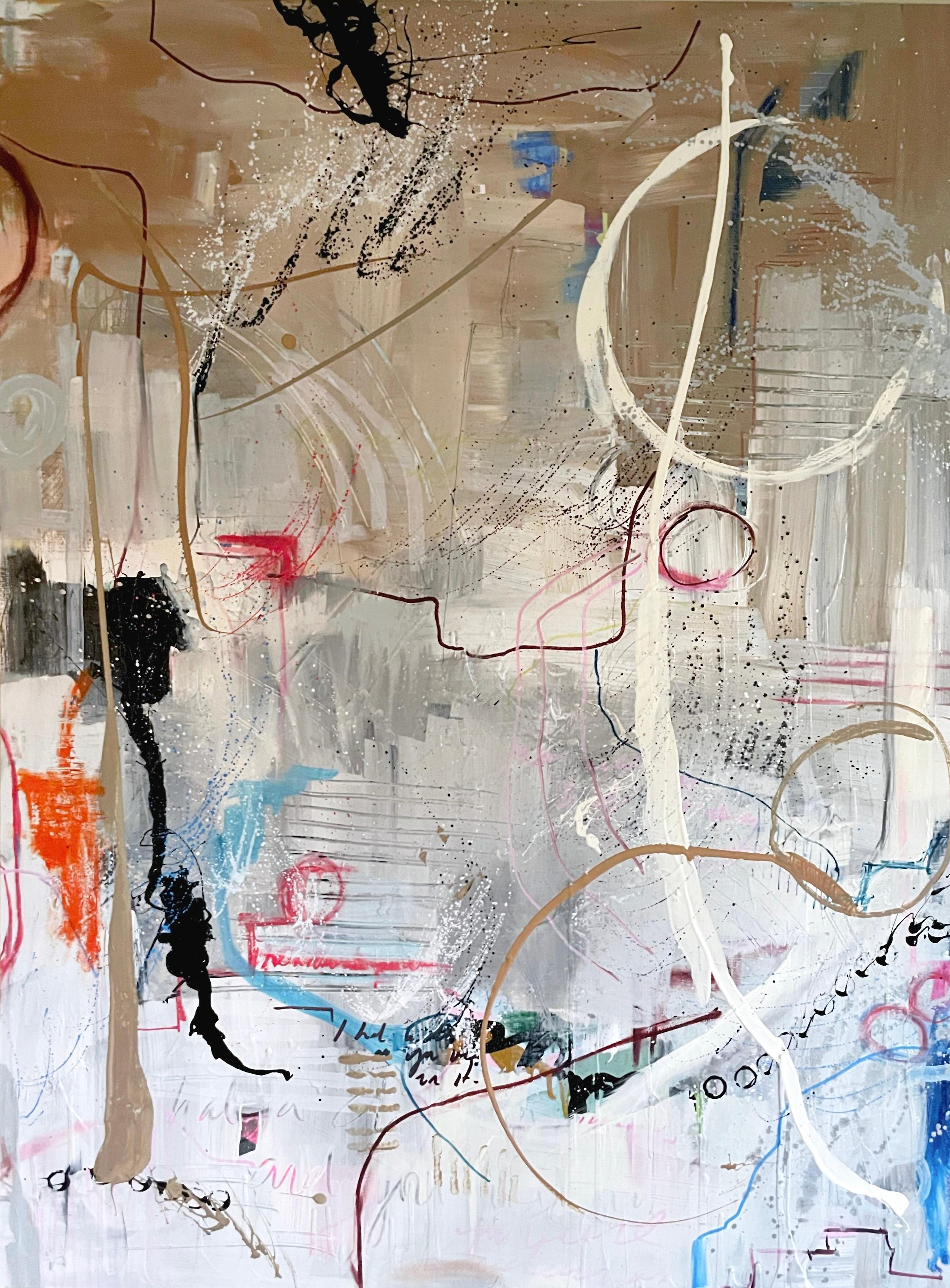 Available at Madelyn Jordon Fine Art. 'Dreams, 4' 2023 by Contemporary American artist, Rachel M. Mac. Acrylic, pencil, ink and oil pastel on stretched canvas, 48 x 36 in.  This painting incorporates mostly a muted palette of colors in white, beige,