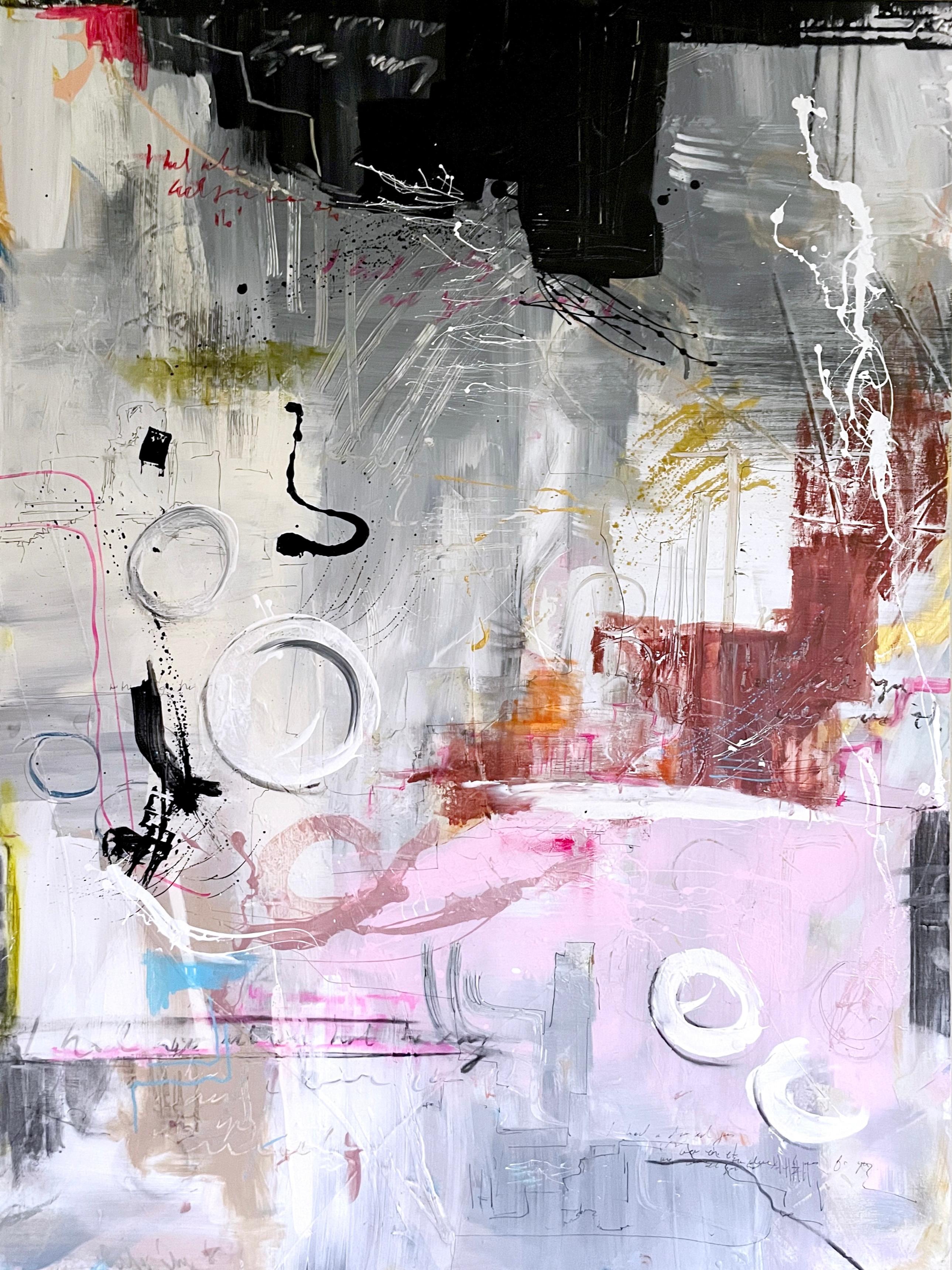 Available at Madelyn Jordon Fine Art. 'Dreams, 6' 2023 by Contemporary American artist, Rachel M. Mac. Acrylic, pencil, ink and oil pastel on stretched canvas, 48 x 36 in.  This painting incorporates mostly a muted palette of colors in white, beige,