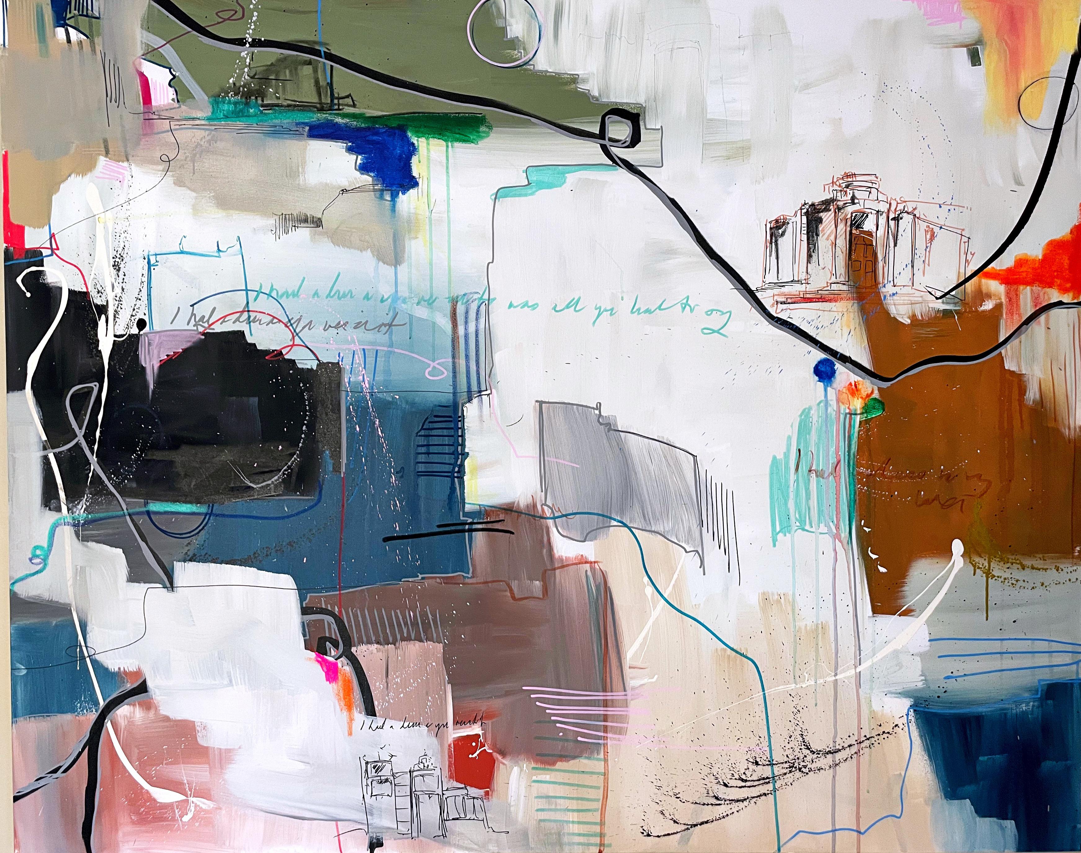 Available at Madelyn Jordon Fine Art. 'float away' 2023 by Contemporary American artist, Rachel M. Mac. Acrylic, pencil, ink and oil pastel on stretched canvas, 48 x 60 in.  This painting incorporates a colorful palette of colors in white, beige,