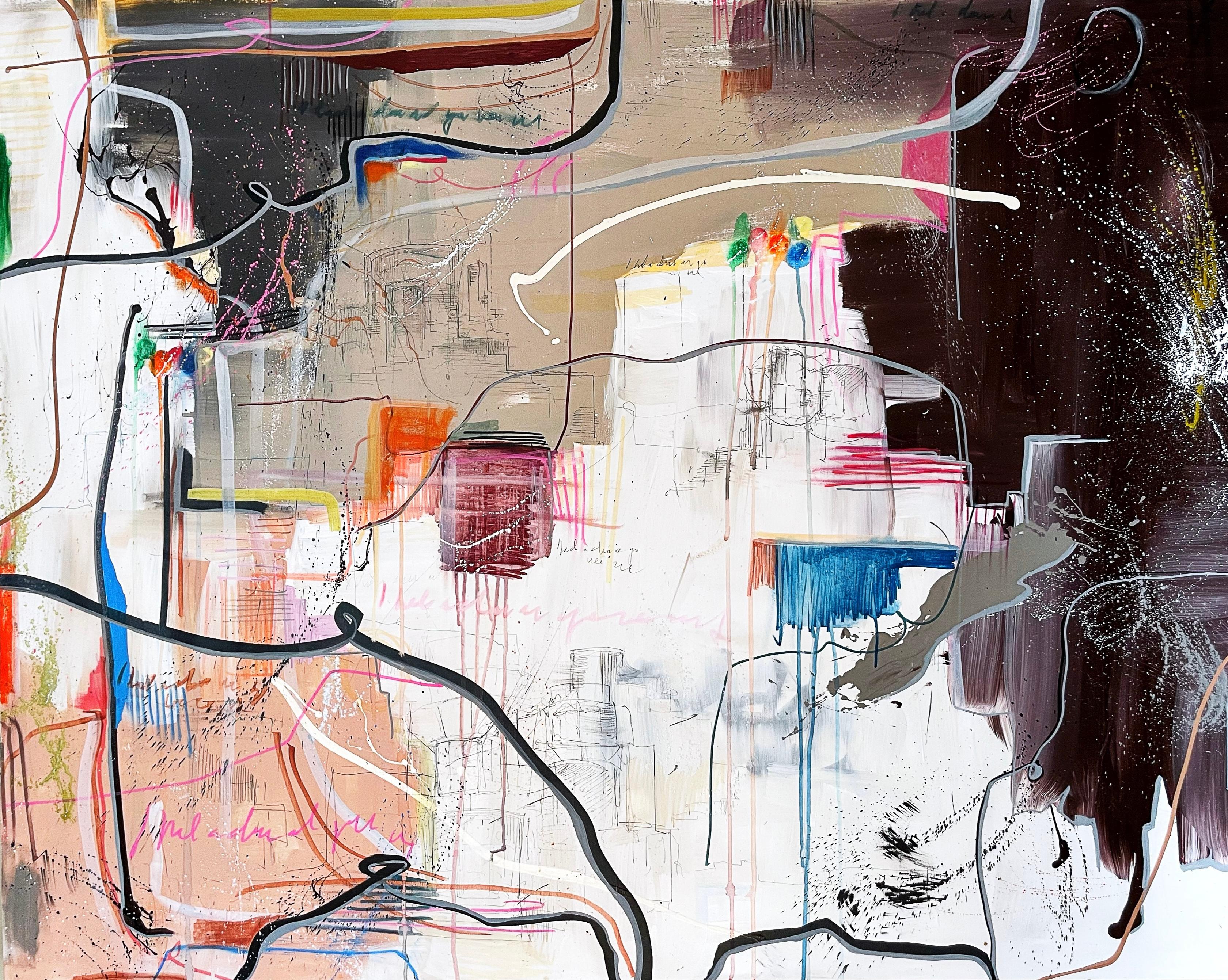 Available at Madelyn Jordon Fine Art. 'was all you had to say' 2023 by Contemporary American artist, Rachel M. Mac. Acrylic, pencil, ink and oil pastel on stretched canvas, 48 x 60 in.  This painting incorporates mostly a muted palette of colors in
