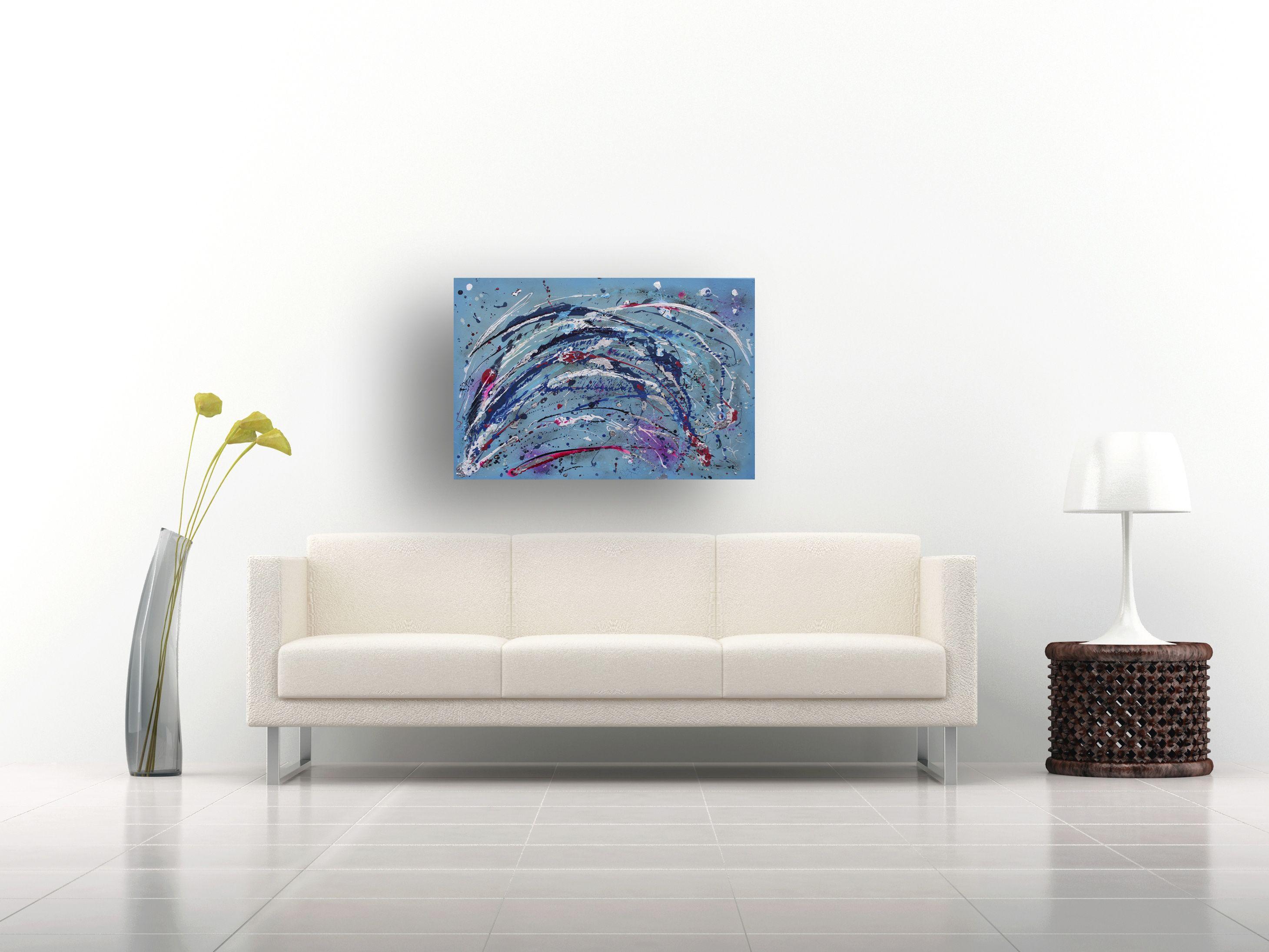 This painting explores and celebrates the vibrant colours and turbulent movement of the ocean. Innovative use of mixed media and much layering of pigments and washes are used to create magical maritime colours and shapes. Looking through the waves
