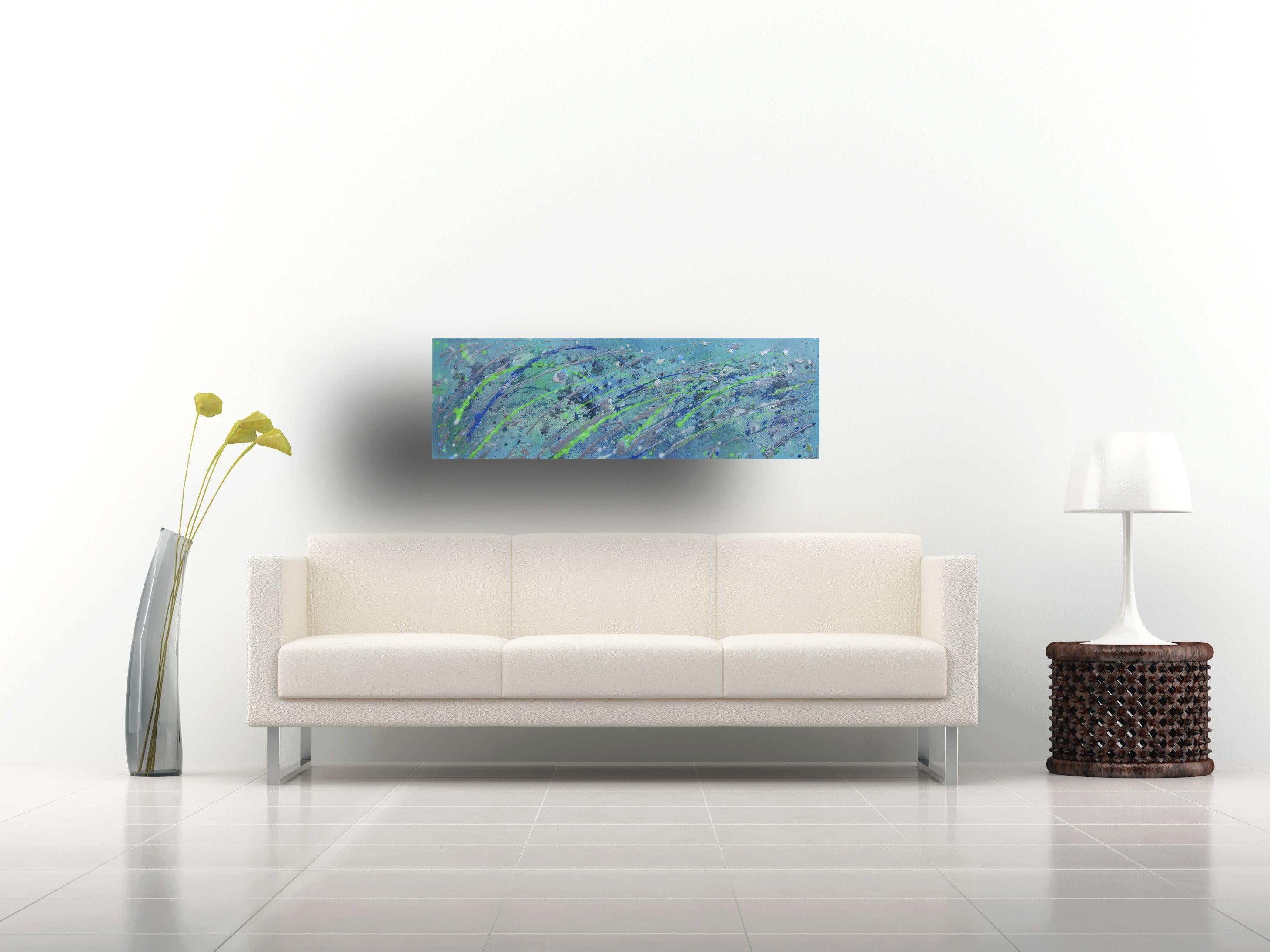 This painting explores and celebrates the vibrant colours and turbulent movement of the ocean. Innovative use of mixed media and much layering of pigments and washes are used to create magical maritime colours and shapes. Looking through the waves