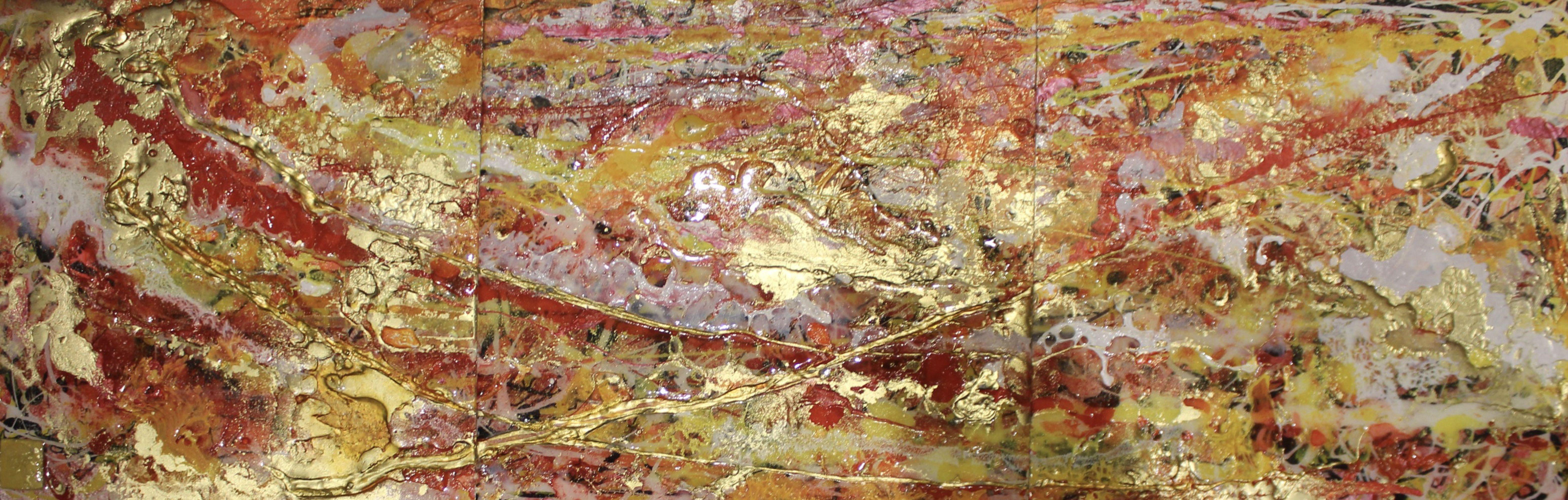Tramonto rosato (trittico), Pittura, Acrilico su metallo - Abstract Painting Marrone di Rachel McCullock