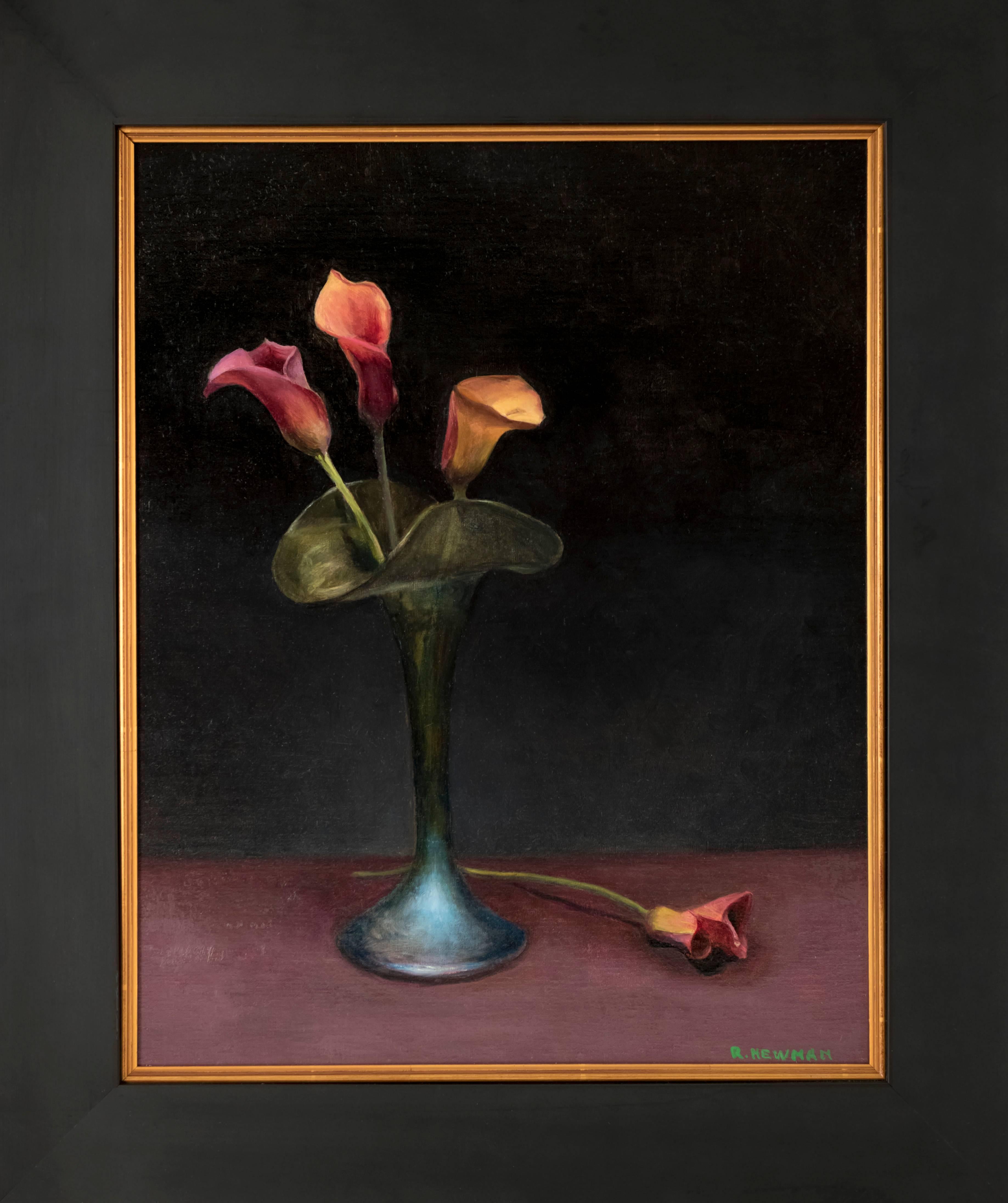 Rachel Newman Still-Life Painting - Calla Lillies in Green Iridescent Vase
