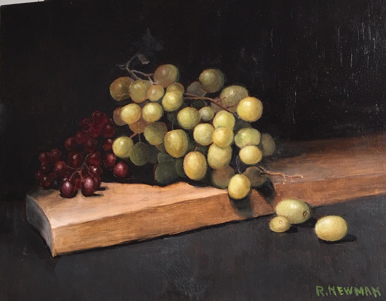 Rachel Newman Still-Life Painting - Grapes with Cutting Board