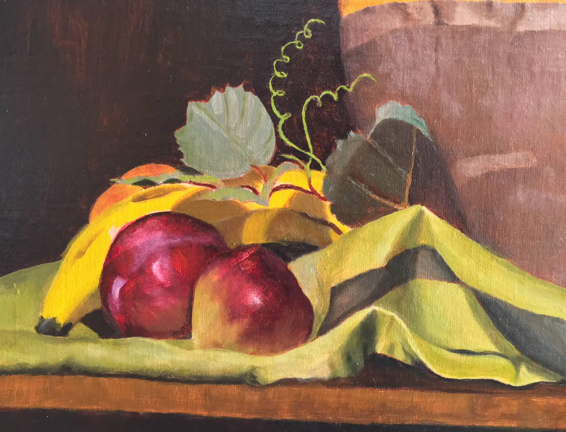 Harvest still life with pear, fig, banana, peach, grape leaves, and antique pot by Rachel Newman. Oil on fine linen with acid-free conservation mounting on panel. 

Rachel  Newman attended the Art Students League and the National Academy, both in
