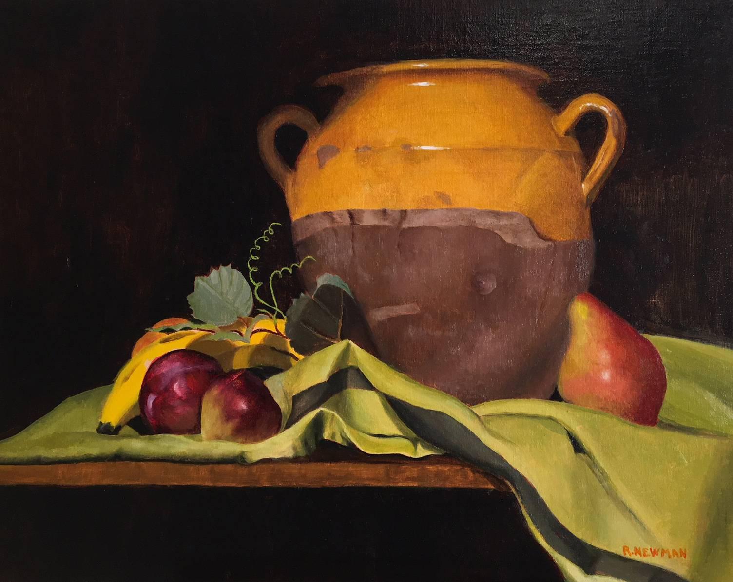 Still Life of Antique French Confit Pot with Fruit - Painting by Rachel Newman