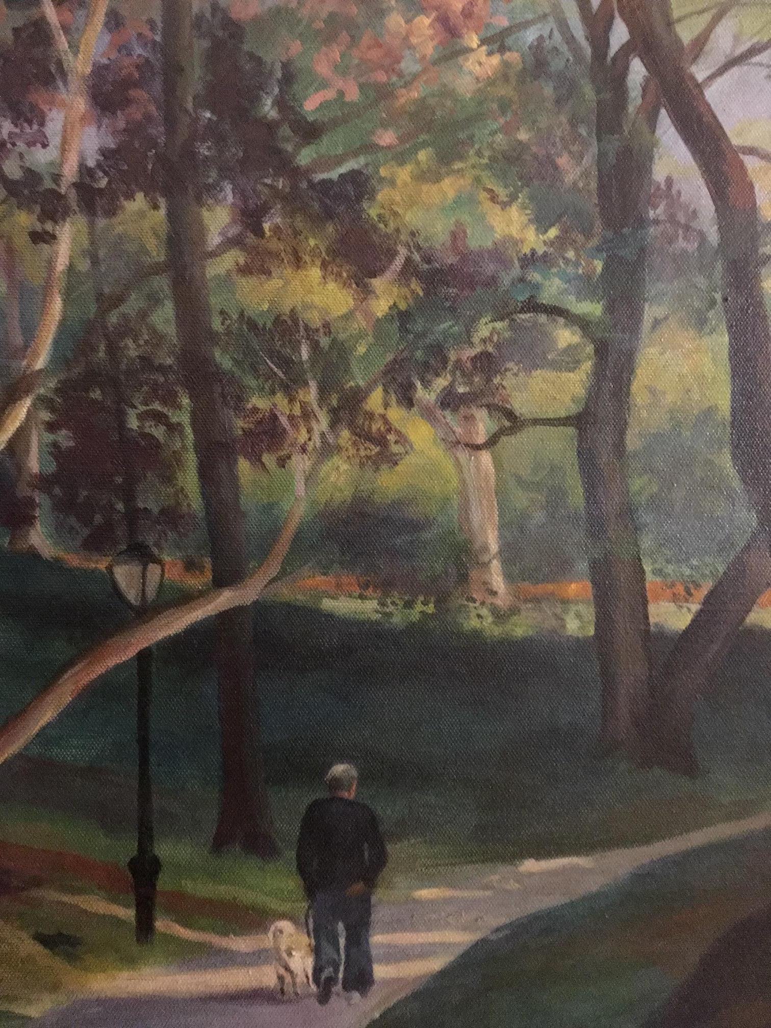 Walking the Dog, Central Park - Realist Painting by Rachel Newman