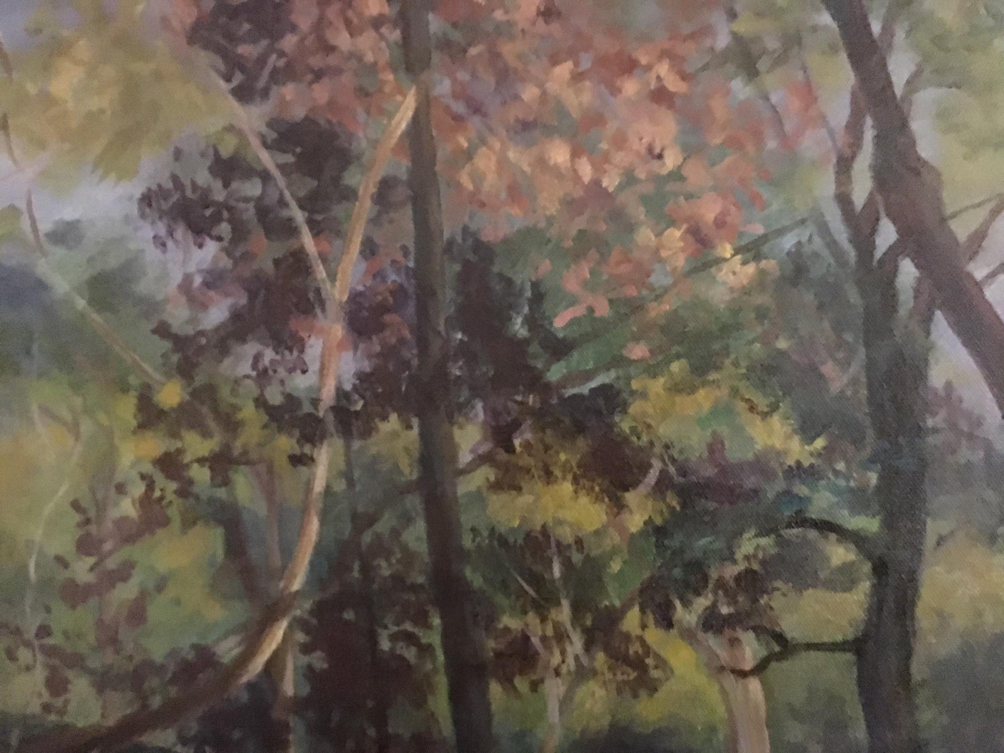 Original oil painting of a man walking his dog in Central Park, New York City by Rachel Newman.  Newman, following her retirement as founder and renowned 20-year Editor-in-Chief of 