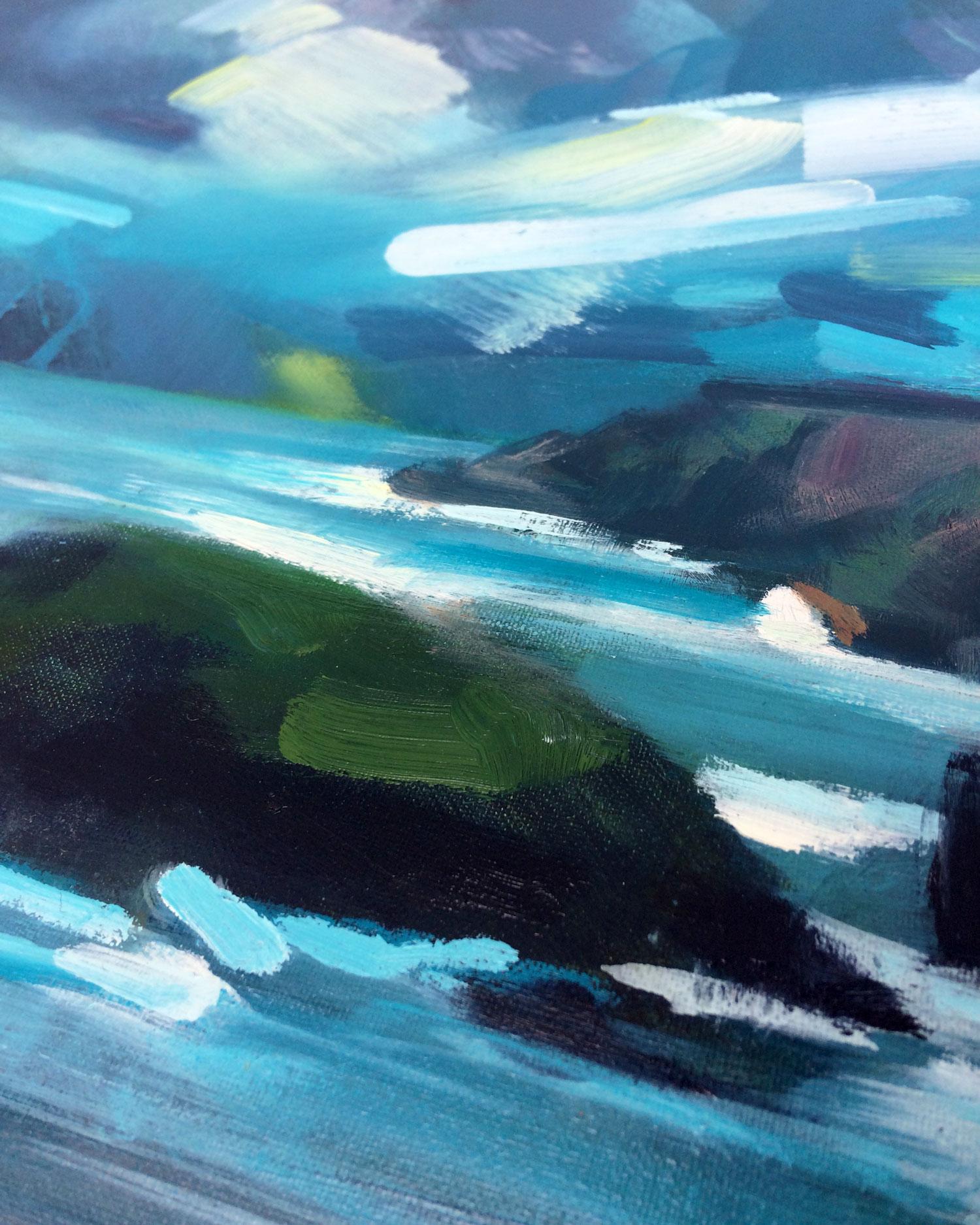 Même de l'autre côté de la mer, peinture originale de paysage marin, art réaliste - Bleu Landscape Painting par Rachel Painter