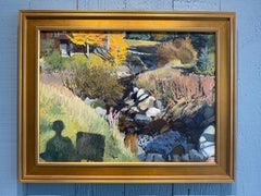 "Afternoon Creek (Shadow Self-Portrait)" Oil painting of landscape w silhouette