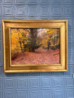“All Hallows’ Eve” american realist, landscape oil painting of forest in autumn