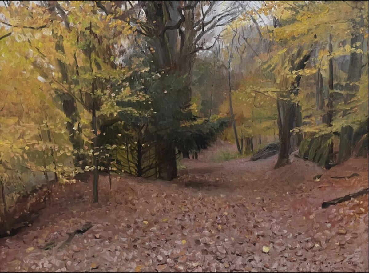 “All Hallows’ Eve” american realist, landscape oil painting of forest in autumn - Art by Rachel Personett