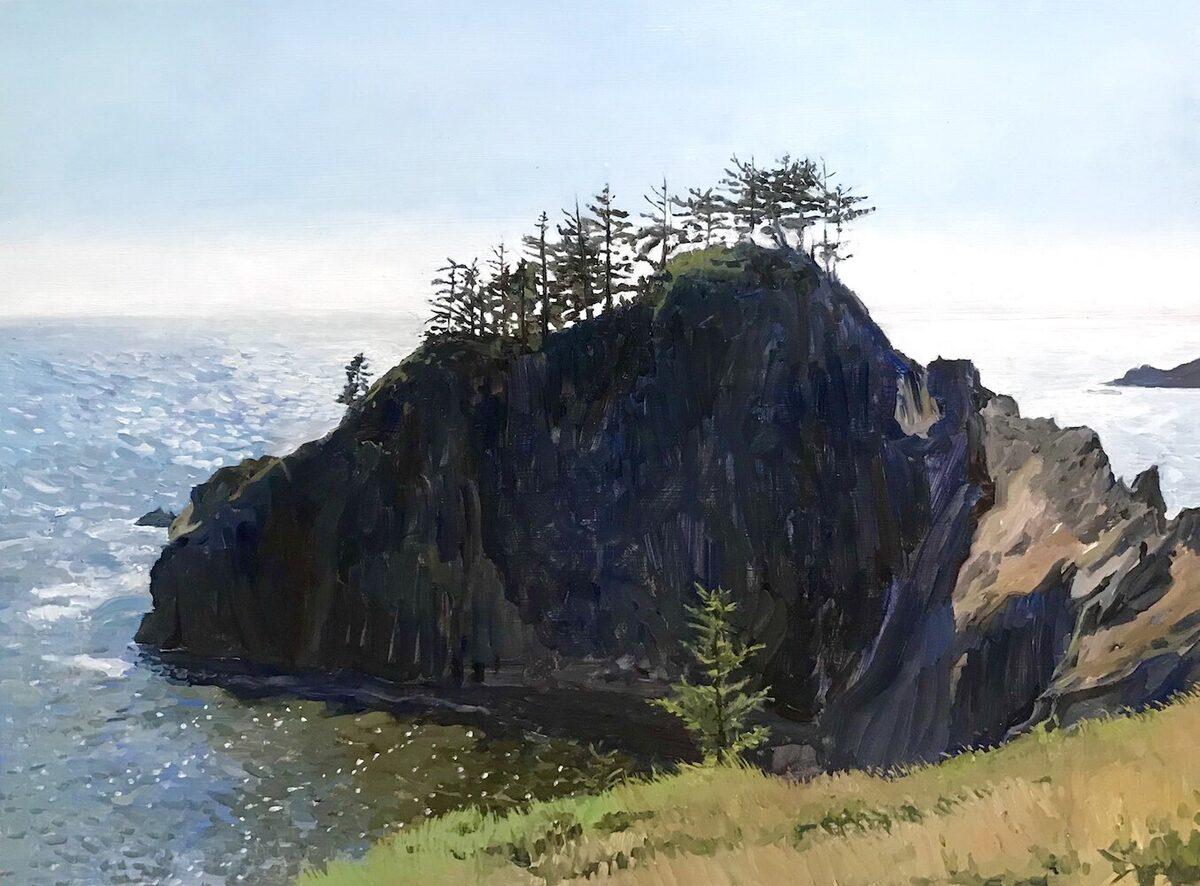 "Arch Rock State Beach, Oregon" pittura a olio, punto di riferimento naturale del Pacifico nordoccidentale - Painting di Rachel Personett