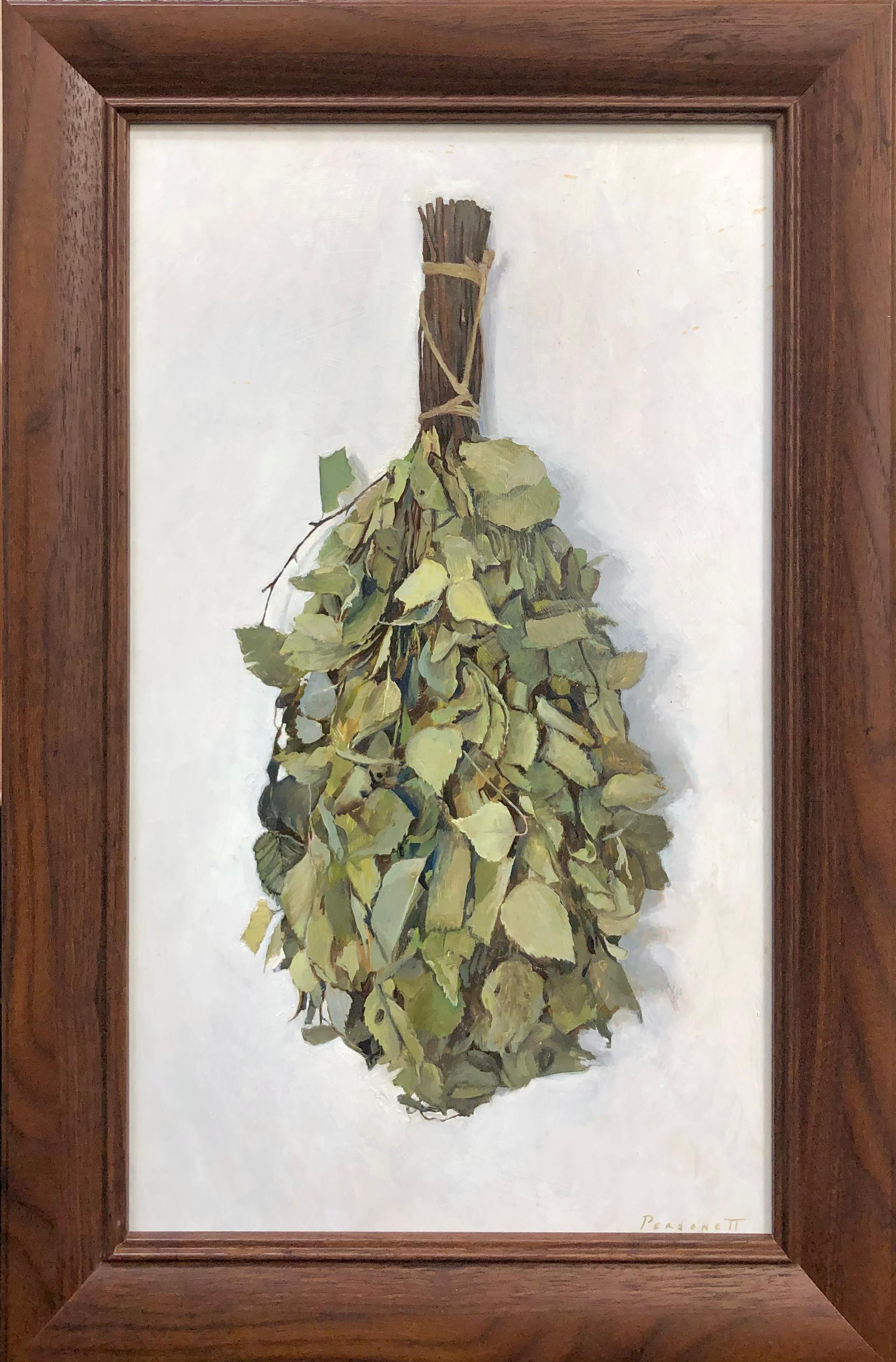Rachel Personett Interior Painting - "Birch Branch" - contemporary realist still life painting, delicate green, white