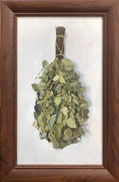 "Birch Branch" - contemporary realist still life painting, delicate green, white