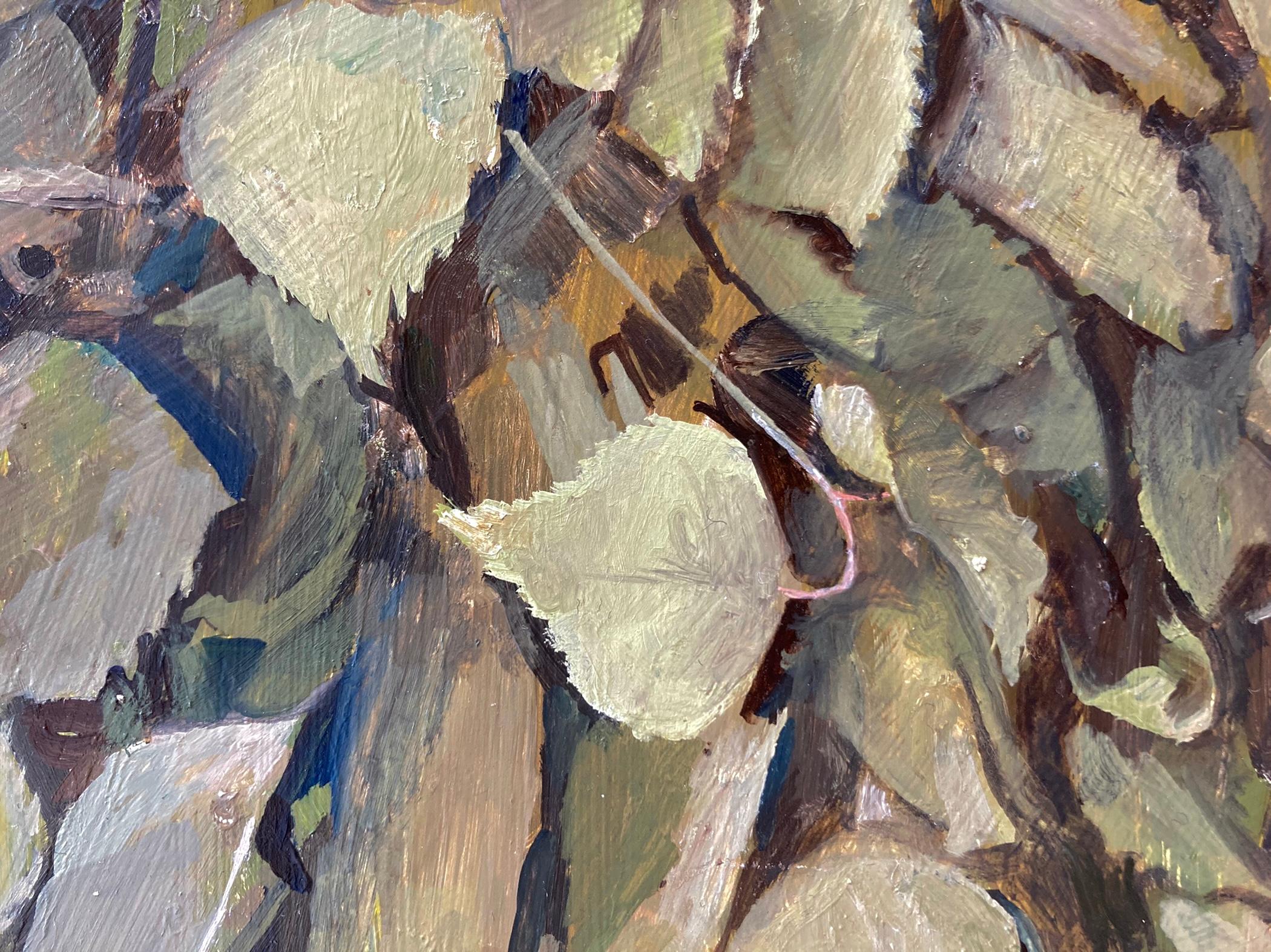 An oil painting created from direct observation. A bound branch of birch leaves, secured with a length of twine and hung upon a white wall for observation. A soft shadow is cast by the leaves, as if painted in diffused daylight. Birch branches, or