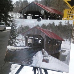 "Ponte coperto" dipinto plein air realista contemporaneo di una scena di neve, Vermont