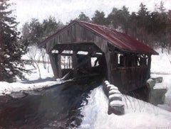 "Covered Bridge" contemporary realist plein air painting of snow scene, Vermont