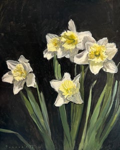 ”Daffodils” still life, oil painting spring flowers on black background, signed