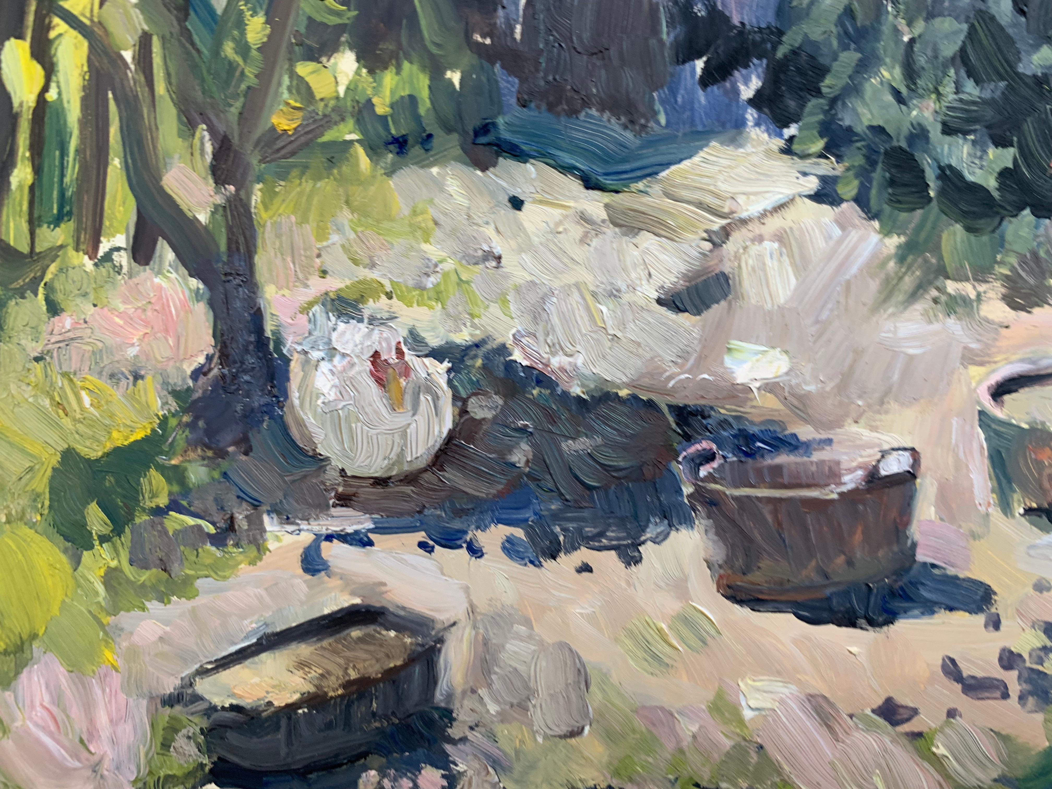 Painted en plein air, in Florence, Italy in April 2018. Rachel Personett paints the quaint, verdant, natural landscape where two ducks rest upon buckets. A contemporary painting of an old-fashioned scene.

Rachel Personett was born in Hawaii, but