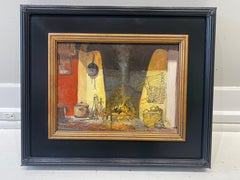 "Fenske's Fireplace" contemporary realist oil painting, warm winter tuscan vibes