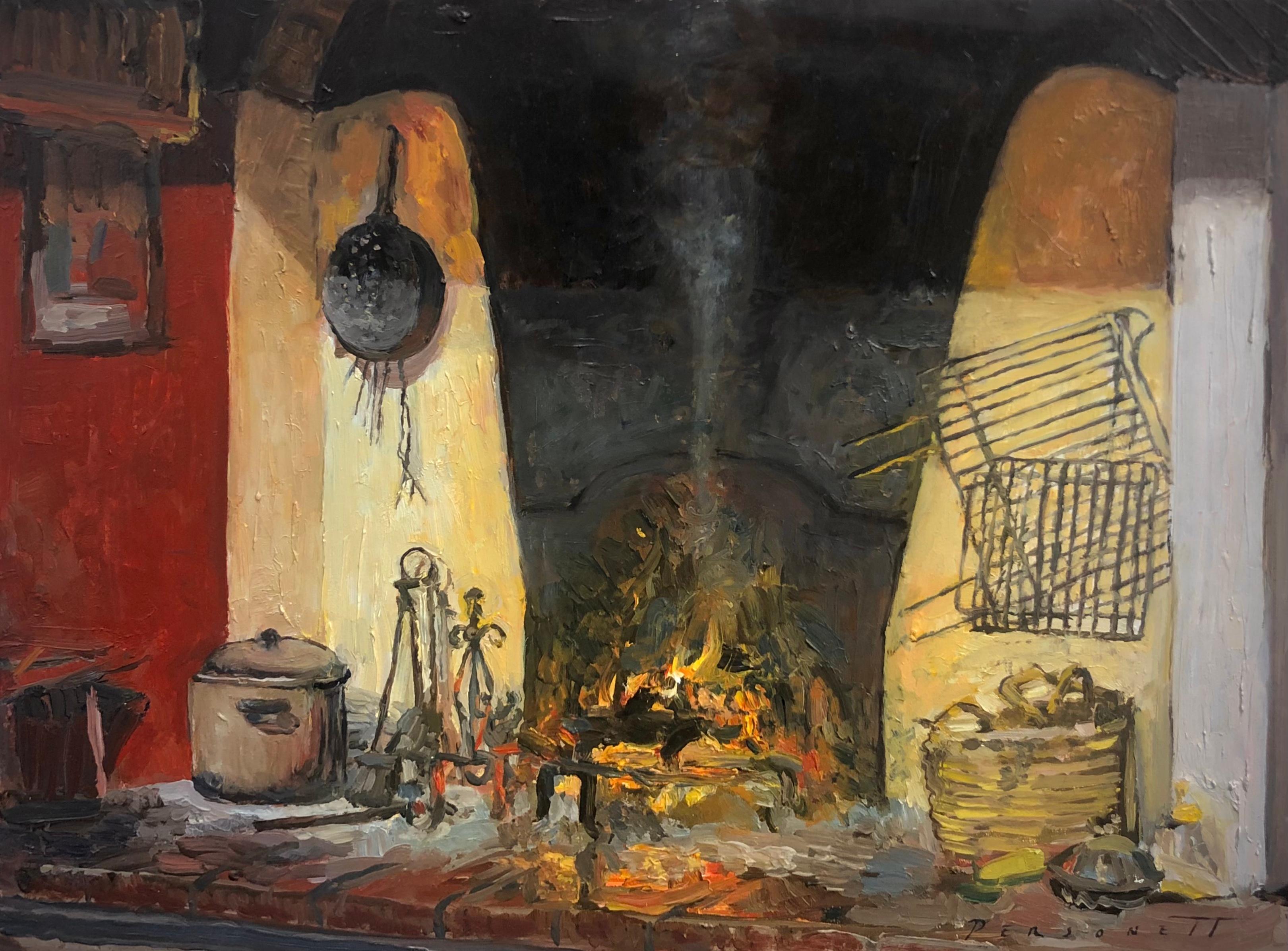 "Fenske's Fireplace" contemporary realist oil painting, warm winter tuscan vibes