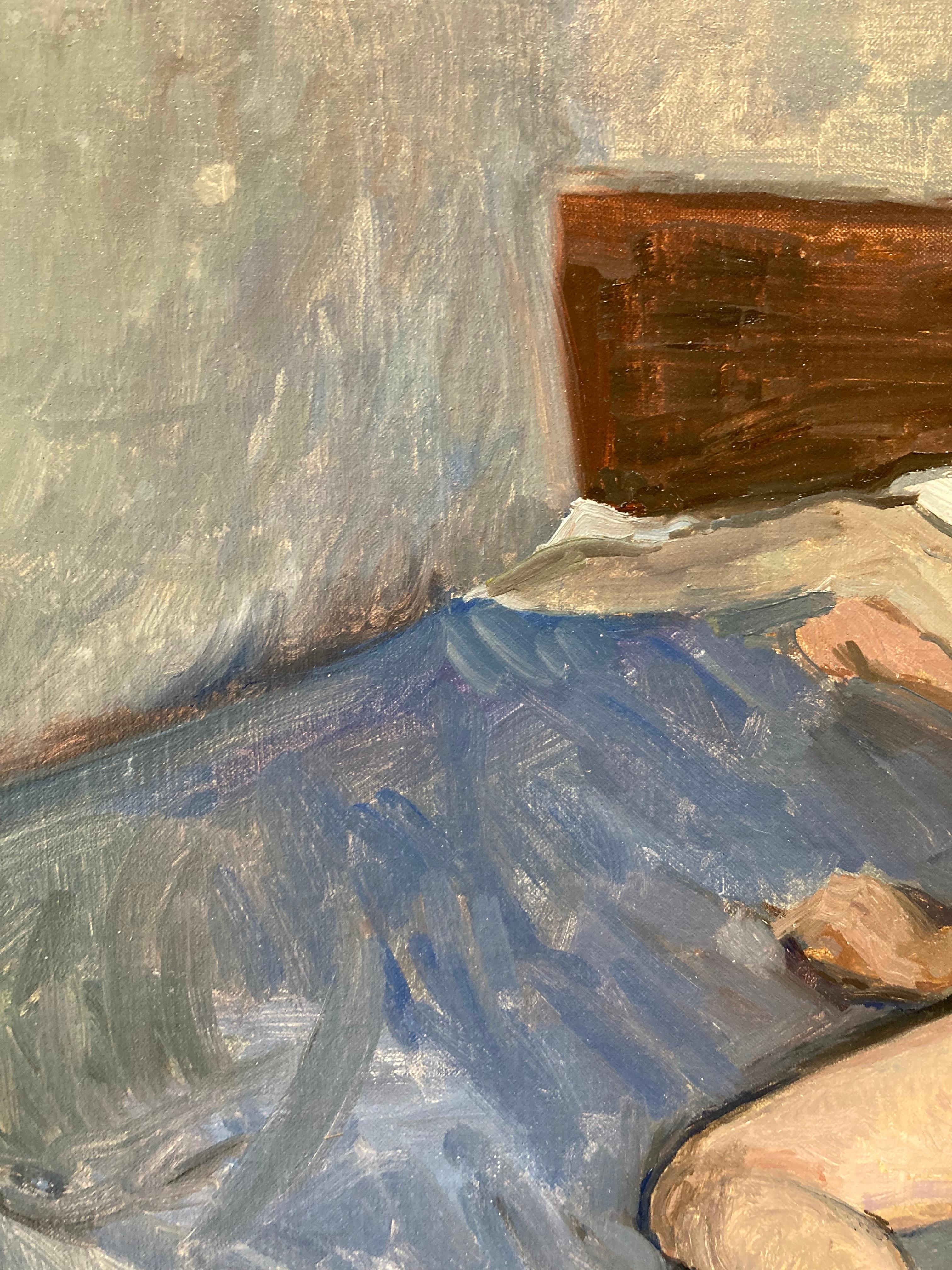 An oil painting of a man resting on a bed. His arms reach to the left of the panel, and one leg bent, the other extending towards the end of the bed and the viewer. The edges of the bed are closely framed in the composition, with the repeating