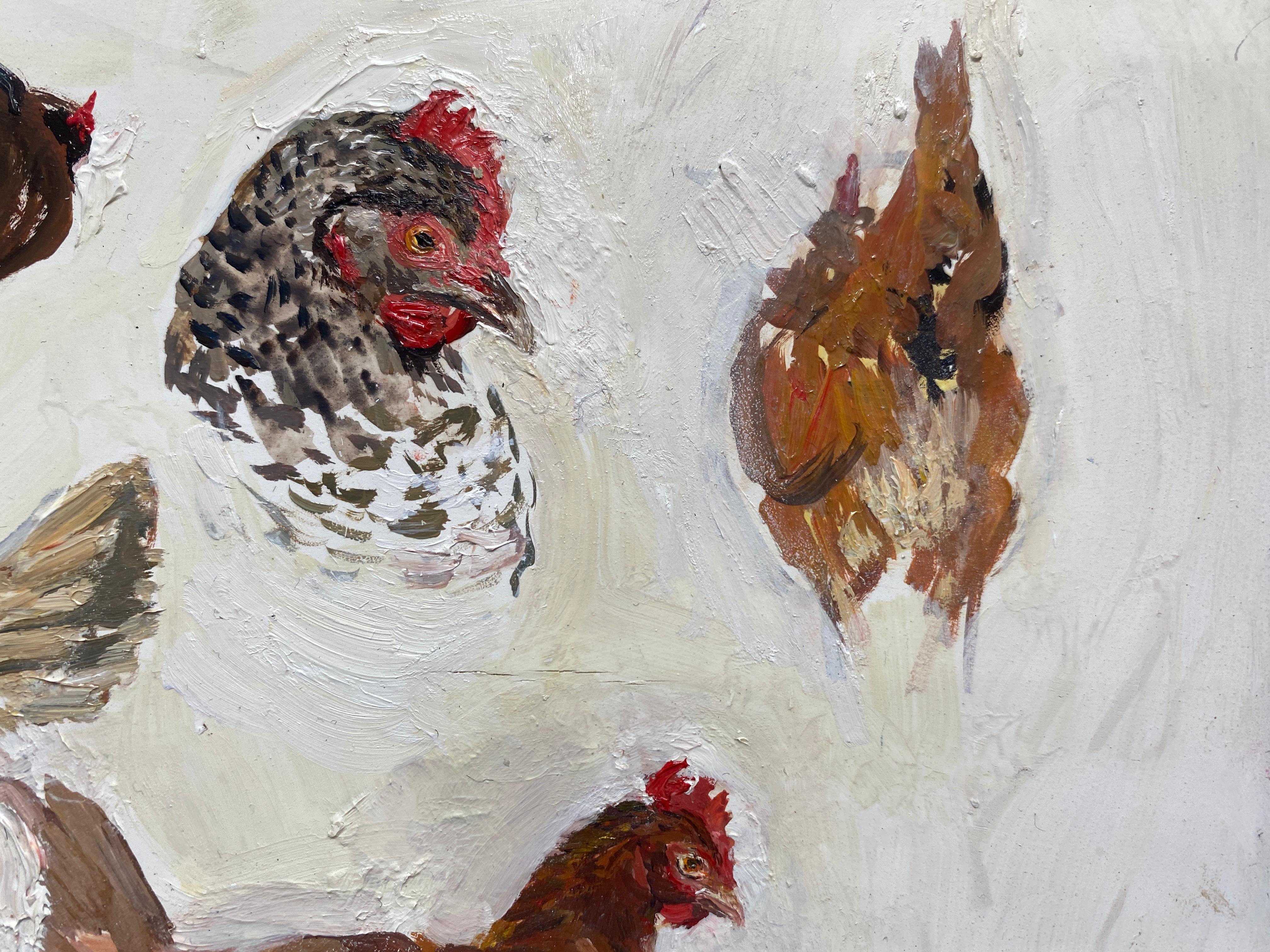 An oil painting of Hens and chickens on a white background. The artist studied farm animals, and painted multiple small sketches on one panel, to better understand her subject from all angles. With strong attention to detail, we see impasto and