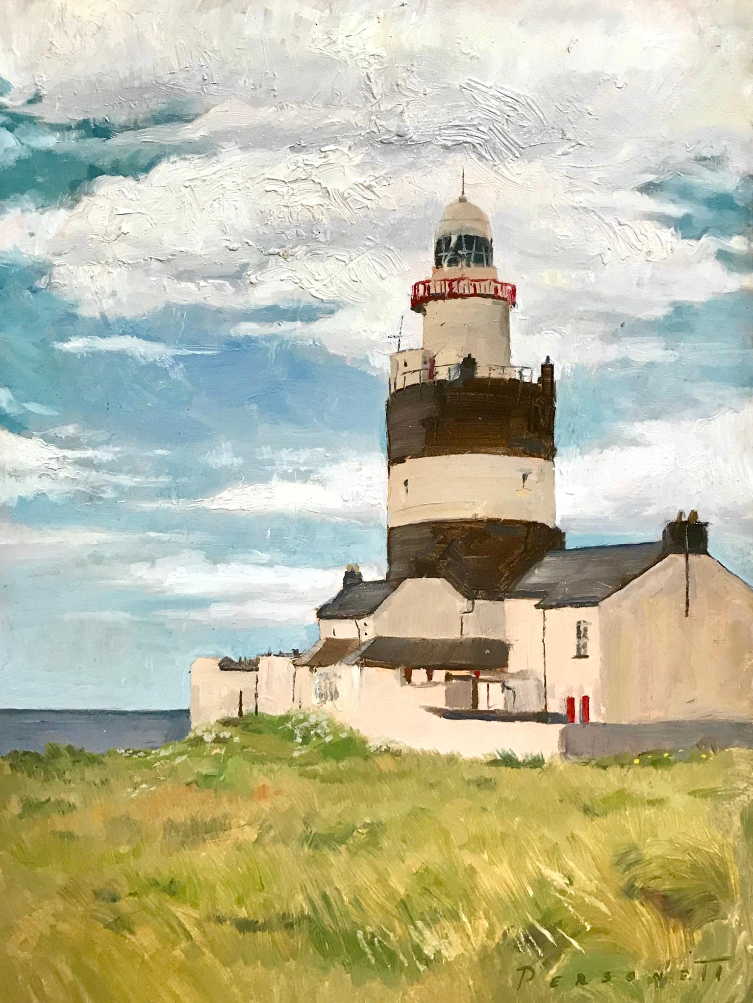 Rachel Personett Figurative Painting - "Hook Head Lighthouse" contemporary realist oil painting, Ireland landmark