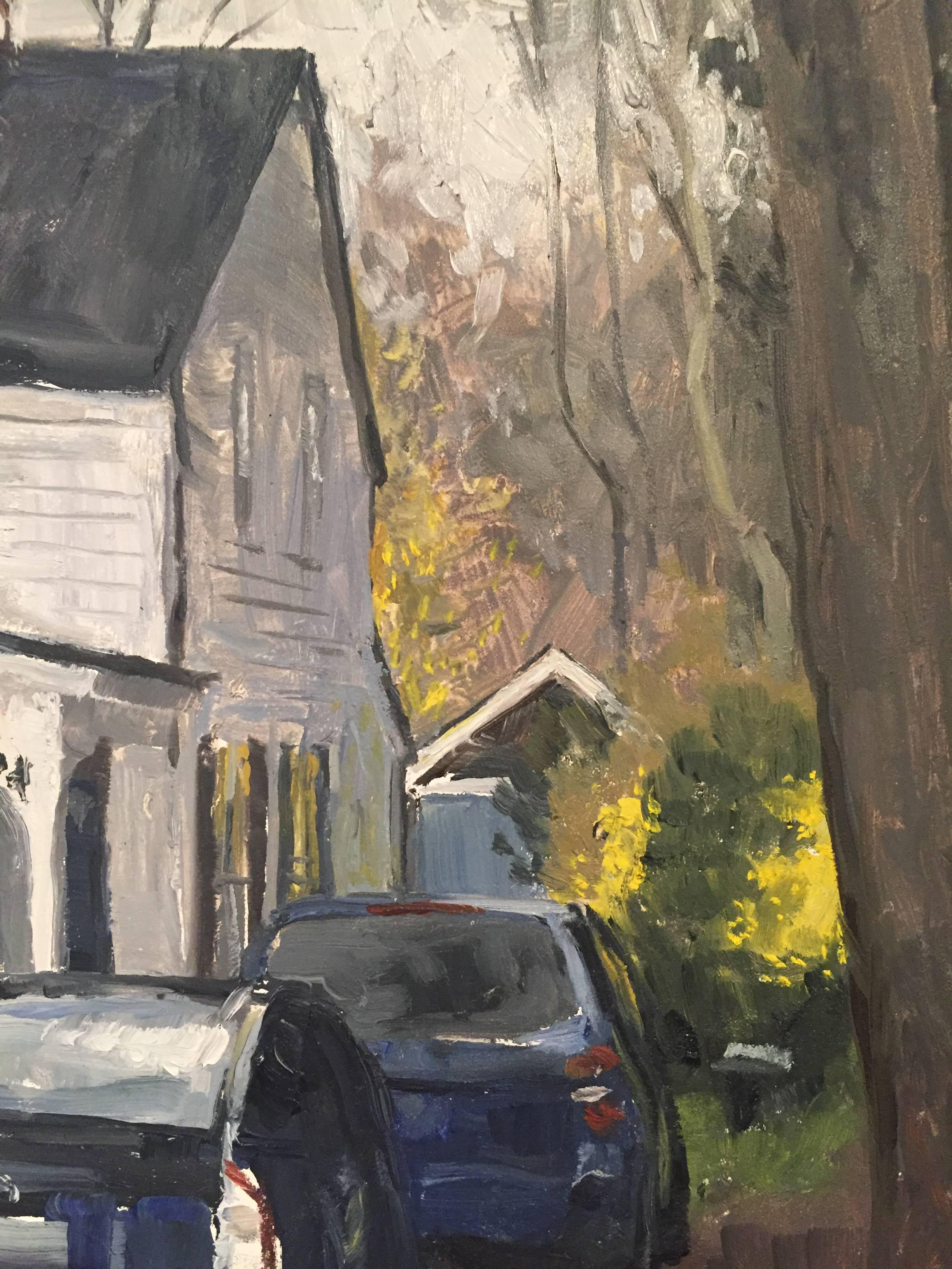 House on Latham Street - Gray Landscape Painting by Rachel Personett