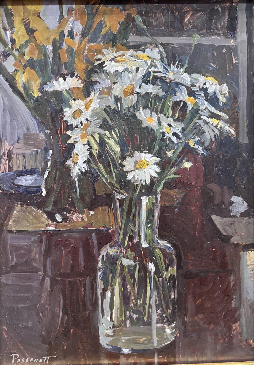 Rachel Personett Figurative Painting - "Irish Daisies" impressionist oil painting, floral still life, signed, framed