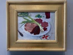 "Kolbasa" contemporary oil painting of charcuterie meats, scallions, tablecloth