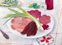 "Kolbasa" contemporary oil painting of charcuterie meats, scallions, tablecloth