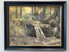 "Log Bridges" Oil painting of woodland path in forest, dappled light, realism