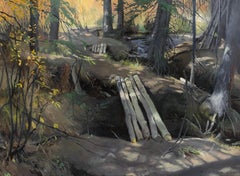 "Log Bridges" Oil painting of woodland path in forest, dappled light, realism