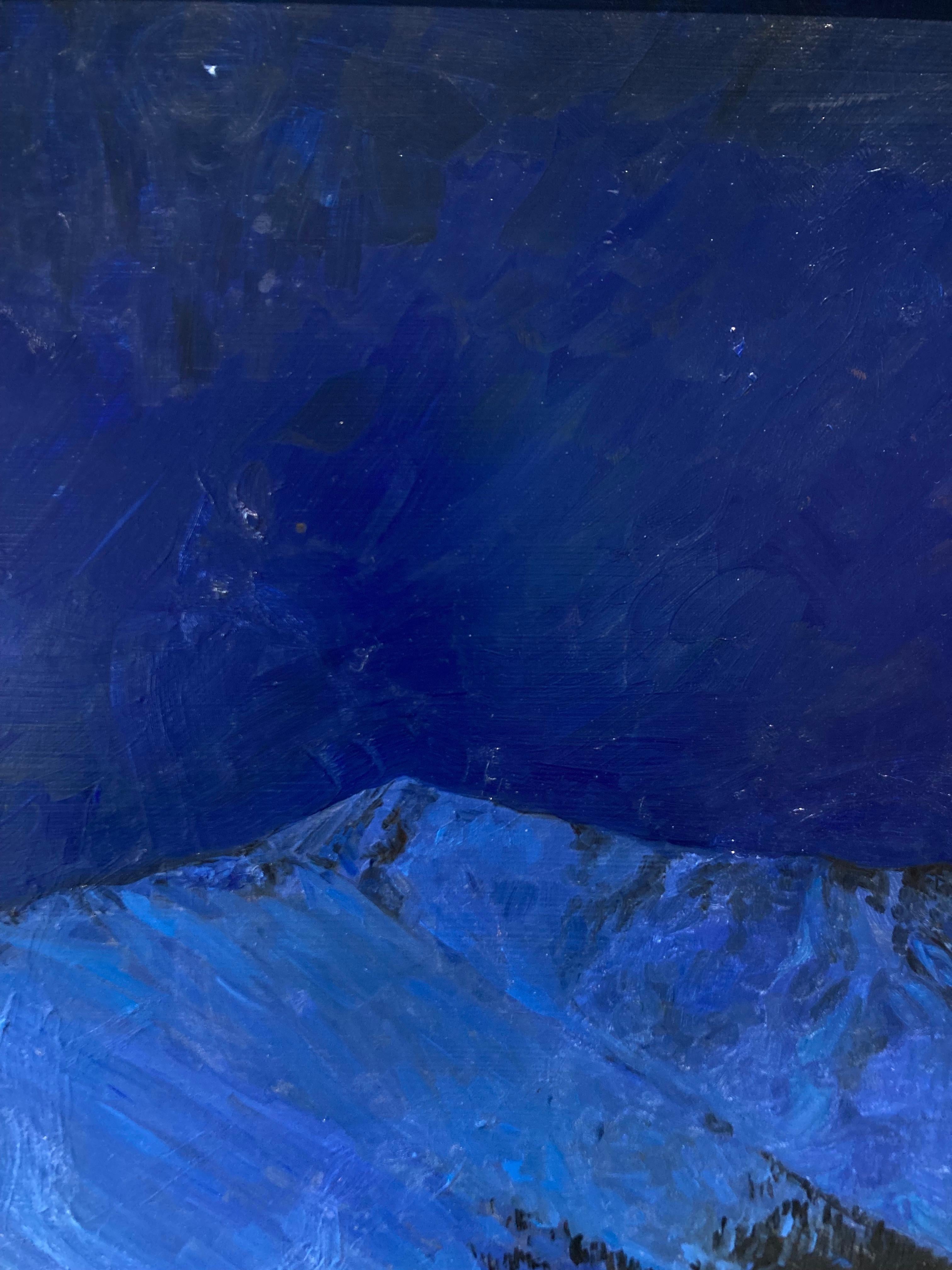 An oil painting of a snowy pass in the mountains. At first glance the subject matter may come across as abstract shapes until the viewer sees that the darker central shape is trees growing down the side of a valley pass between a snowy hillside in