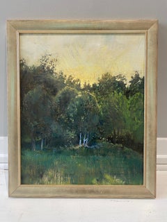 "Norwegian Sunset" contemporary tonalist painting - sun sets beyond green trees