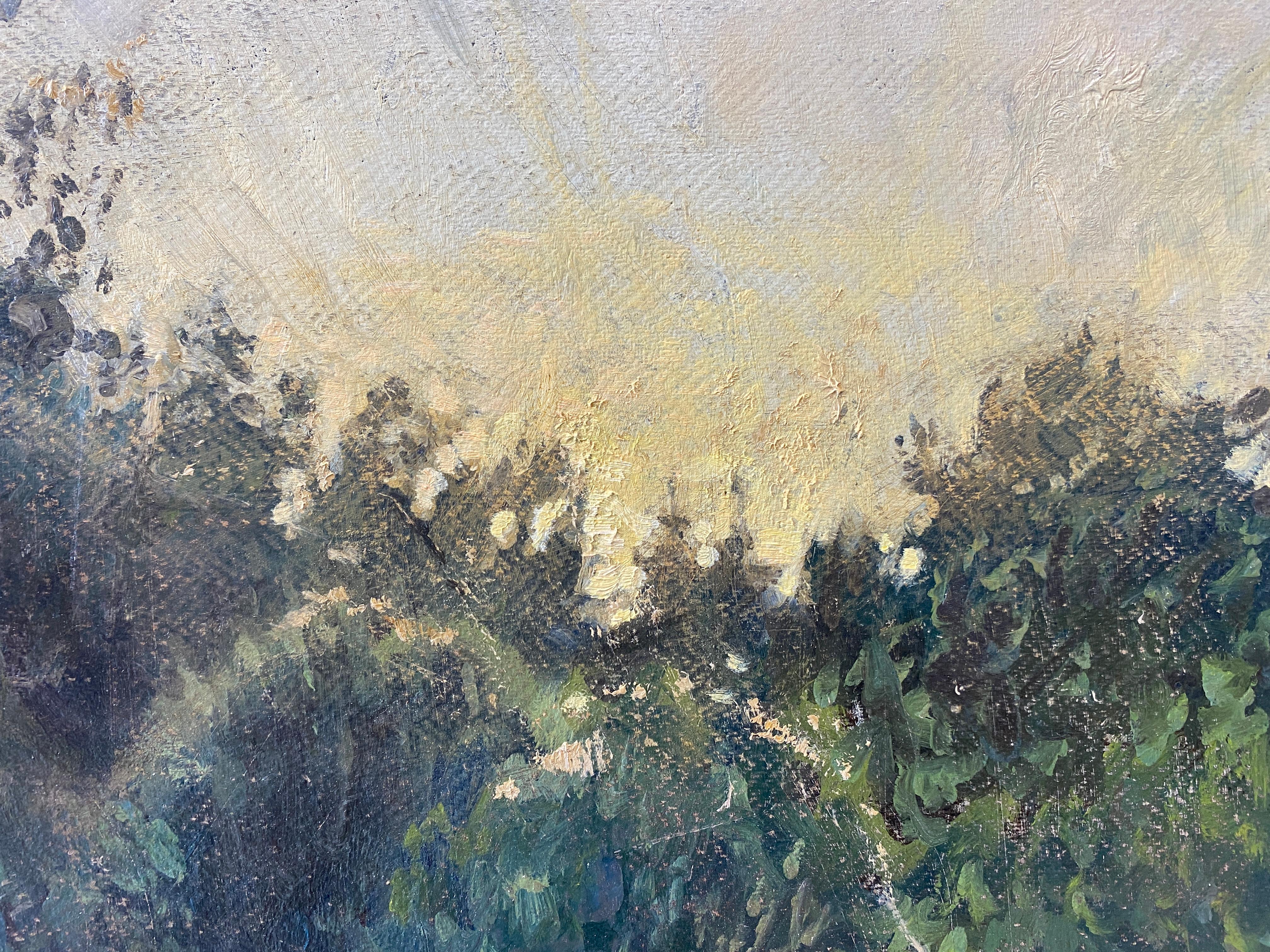 An oil painting of a glowing sunset beyond a verdant patch of trees, painted en plein air, in Norway, while Personett was apprenticing at Odd Nerdrum's studio. 

Painting dimensions: 22 x 18 inches
Framed dimensions: 25 x 21 x 1 inches

Framed in a