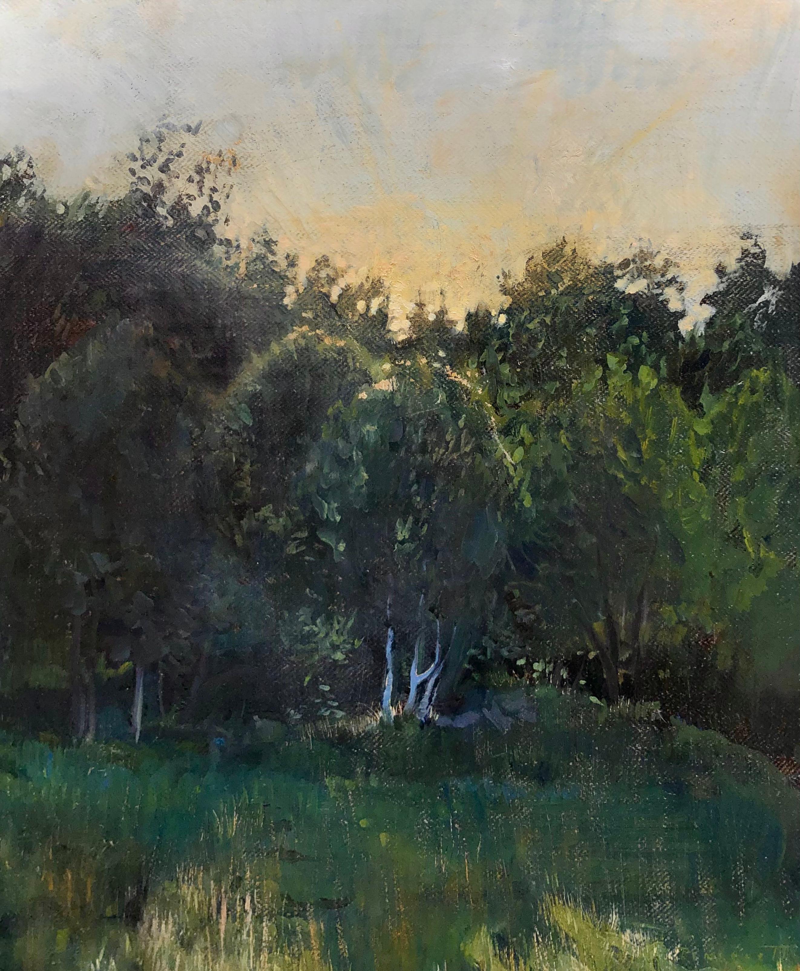 "Norwegian Sunset" contemporary tonalist painting - sun sets beyond green trees