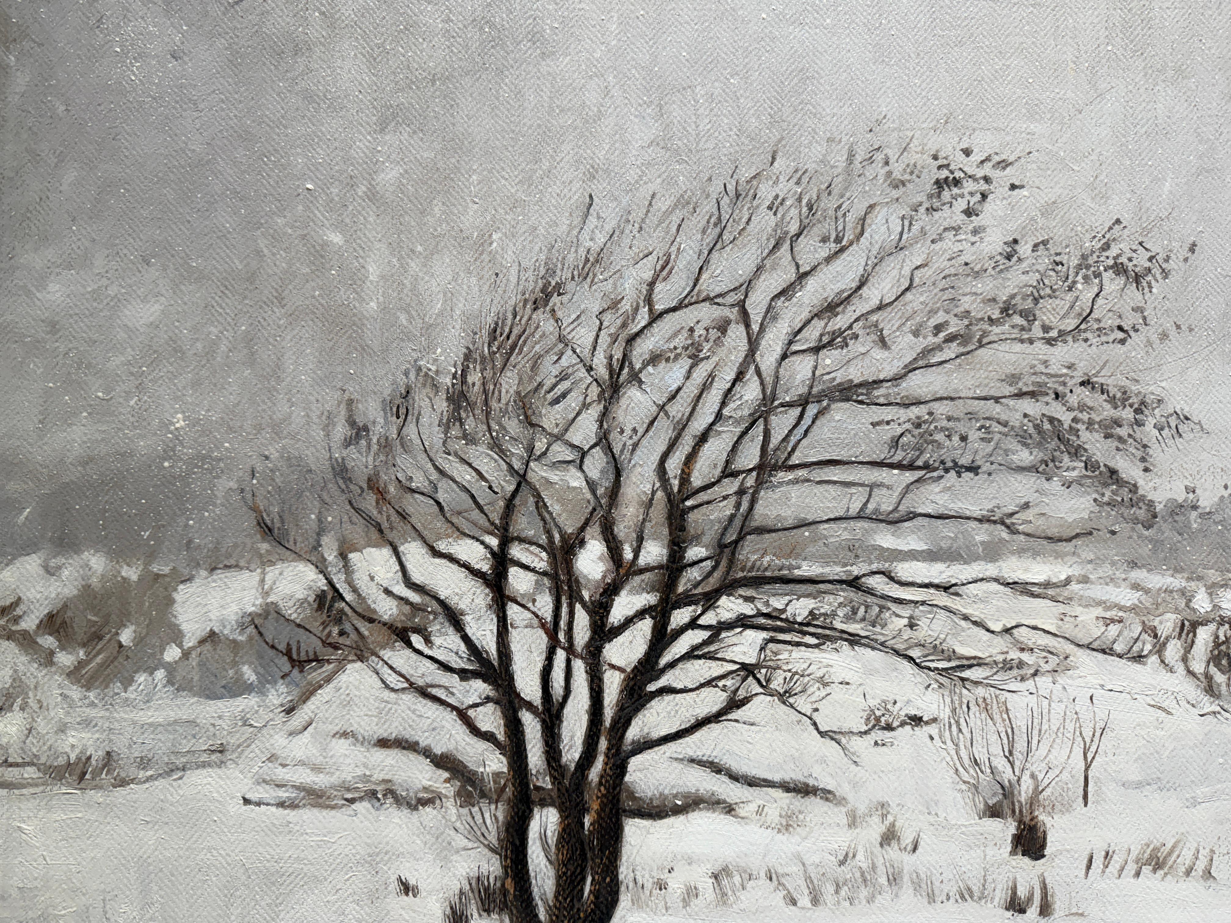 Peinture à l'huile réaliste de l'hiver norvégien, paysage et arbres recouverts de neige épaisse en vente 5